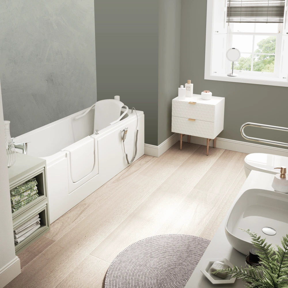 A pastel colour scheme bathroom with a Mantaleda Aventis Power Lift designed for people with health conditions or impariments