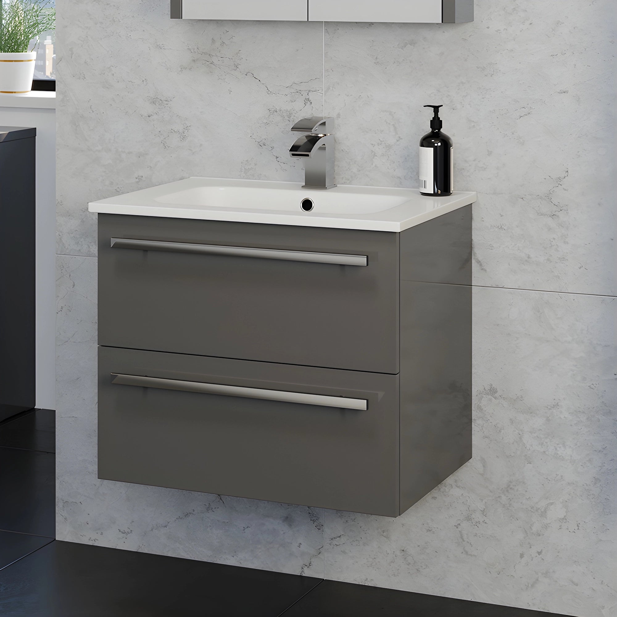 Purity Kartell Wall Mounted Two Drawer 600mm Basin Sink Vanity Unit