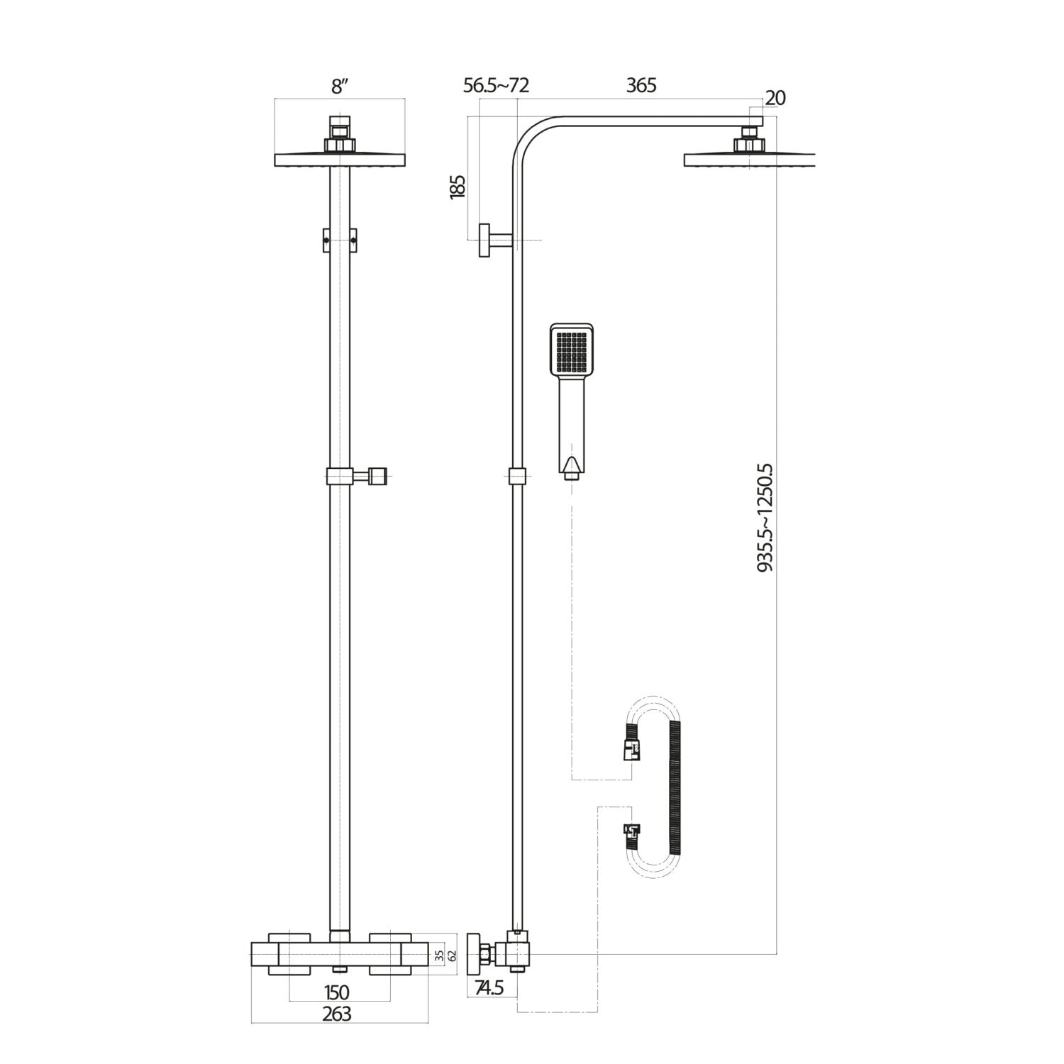 Lunar Square Rigid Riser Shower