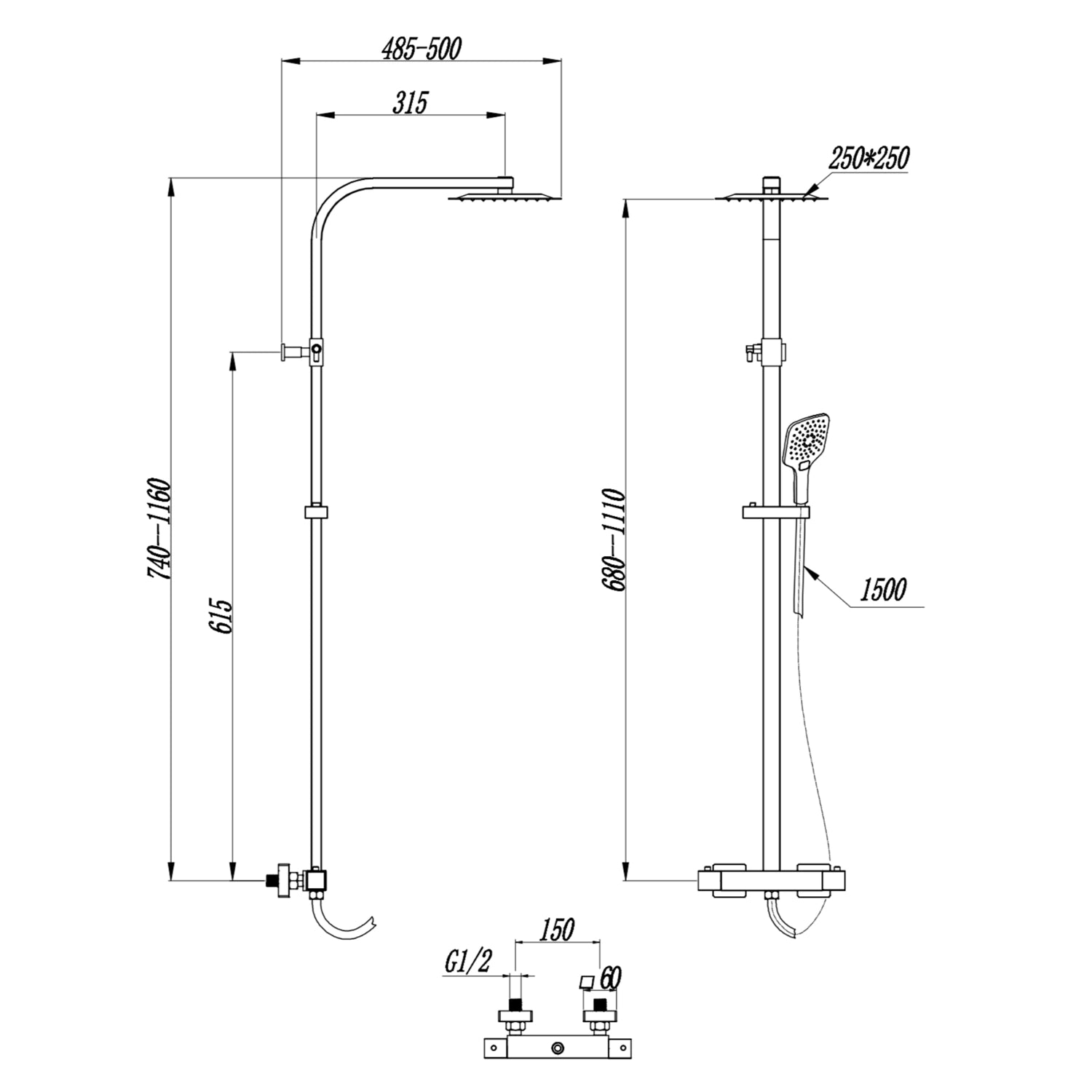 Helier Chrome Square Cool Touch Rigid Riser Shower
