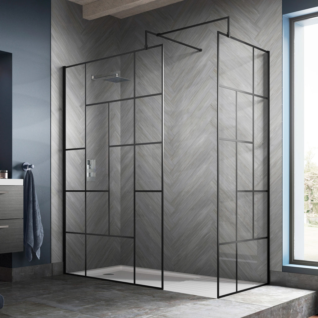 Hudson Reed Matt Black Abstract Frame Wetroom Screen with Support Bar