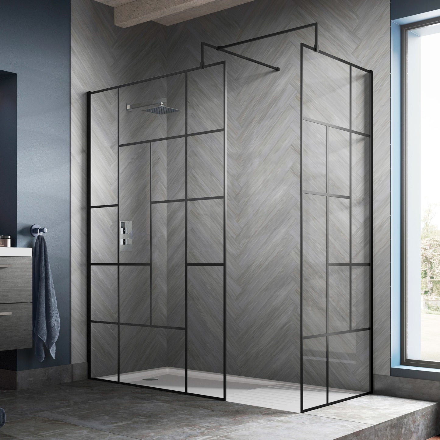 Hudson Reed Matt Black Abstract Frame Wetroom Screen with Support Bar