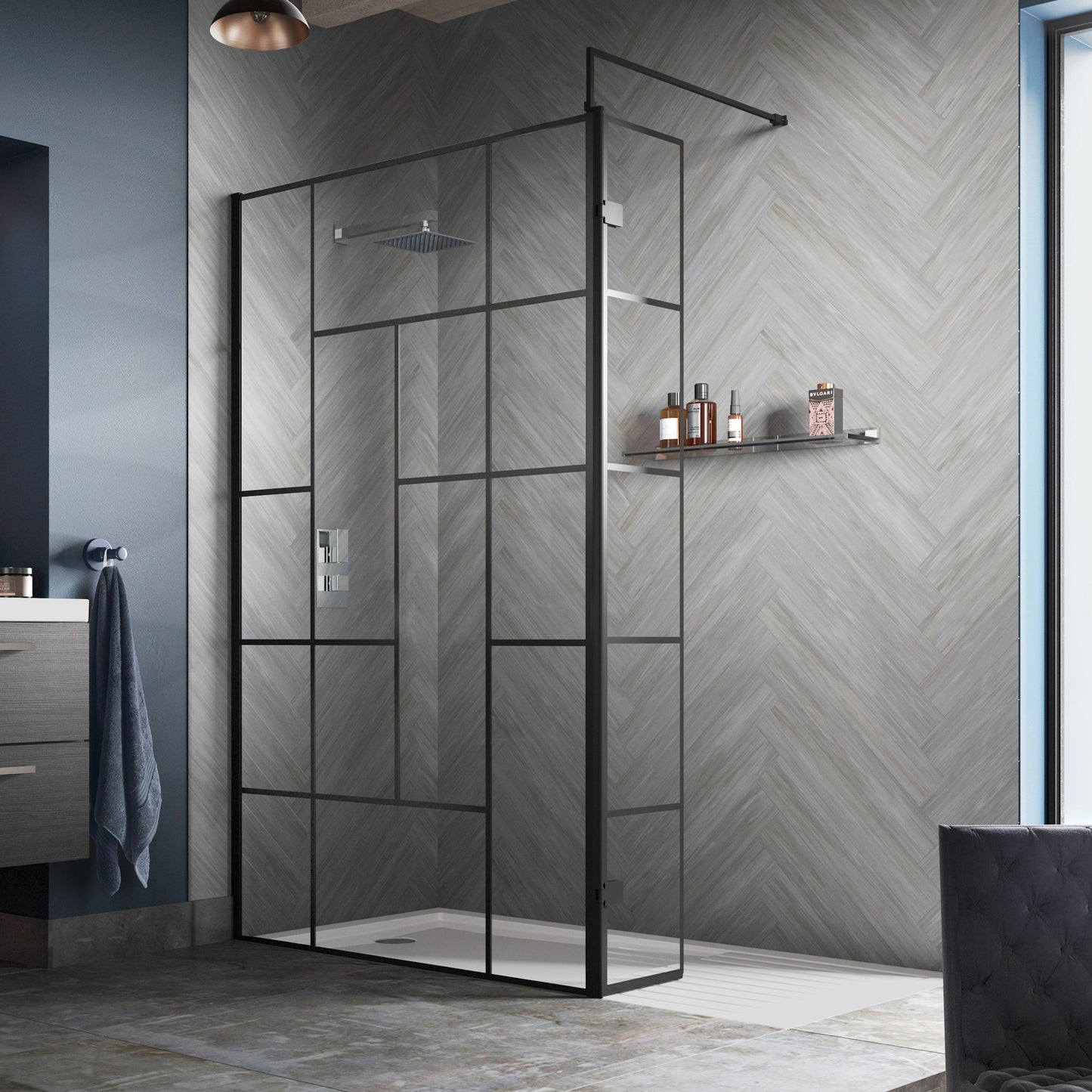 Hudson Reed Matt Black Abstract Frame Wetroom Screen with Support Bar