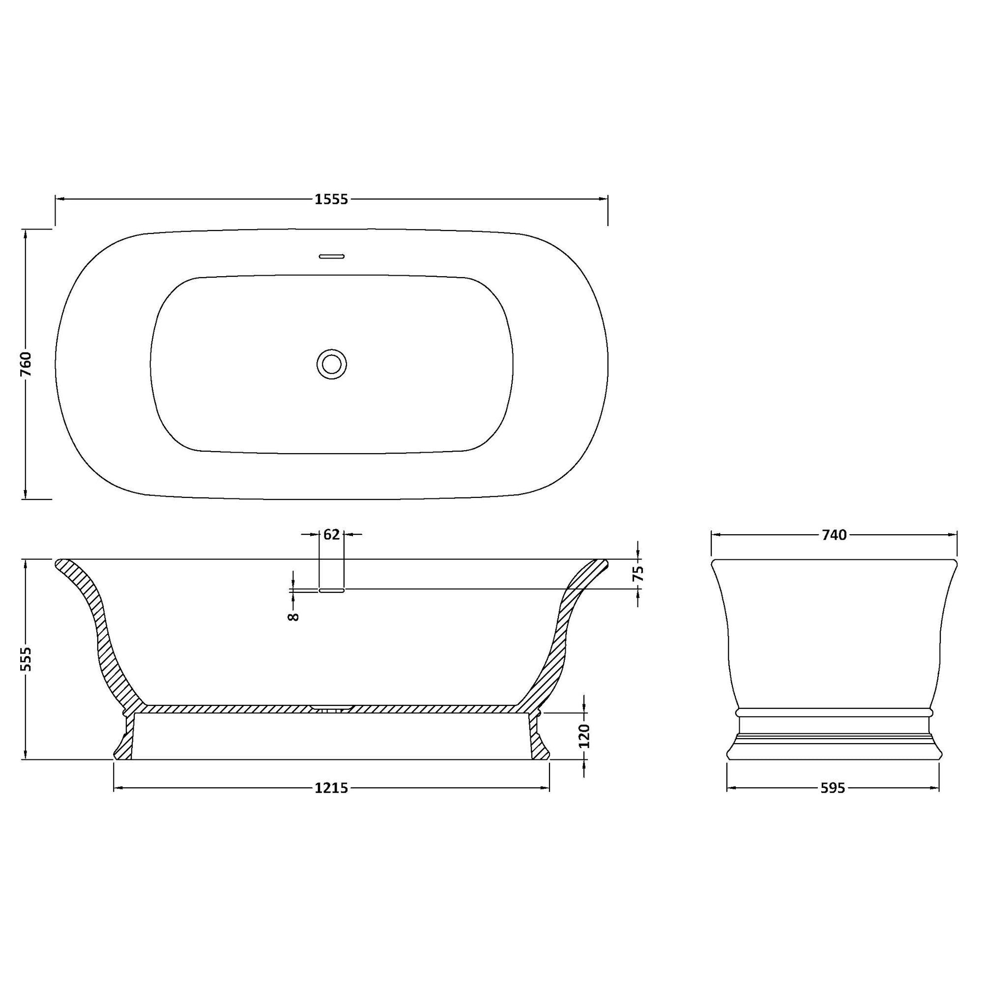 Bampton Oval Marble Freestanding Bath with Plinth 1555 x 740mm
