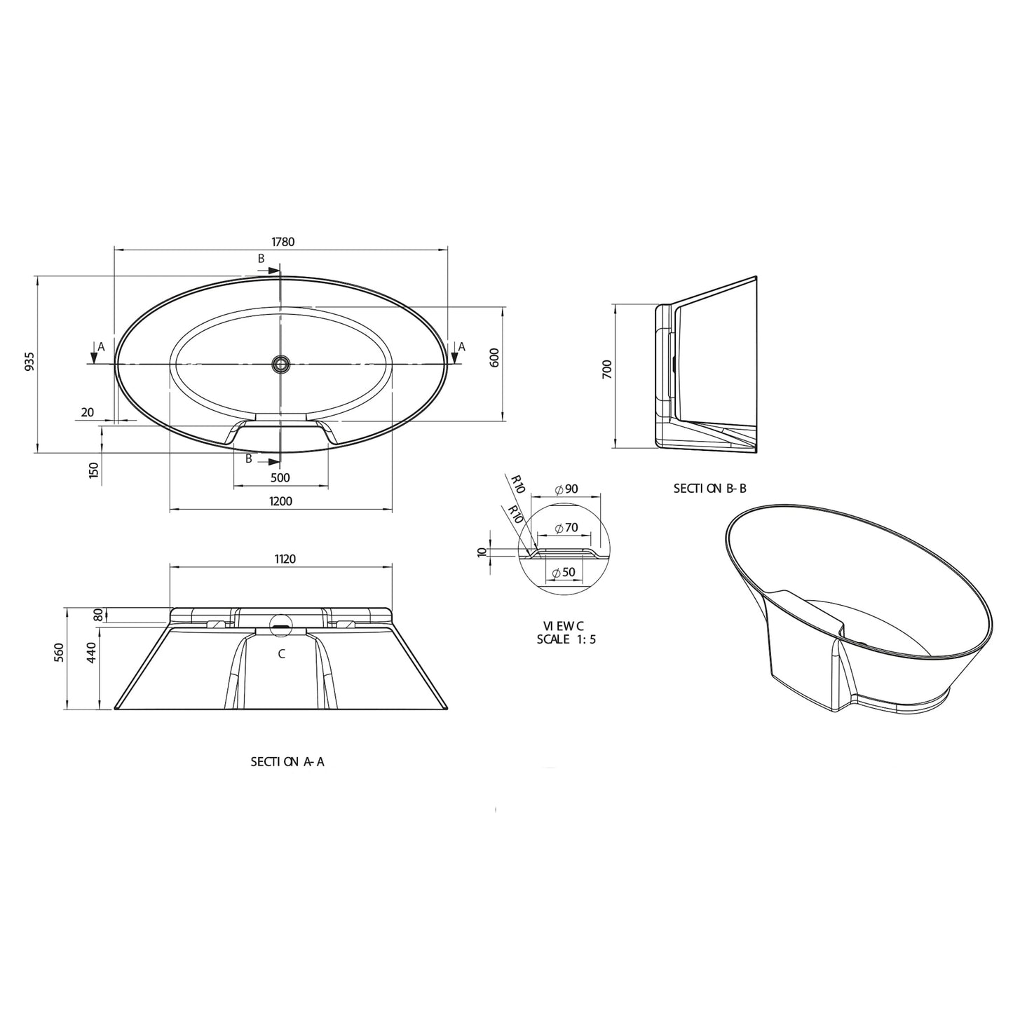 Chalice Major White Freestanding Bath with Tap Ledge 1780 x 935mm