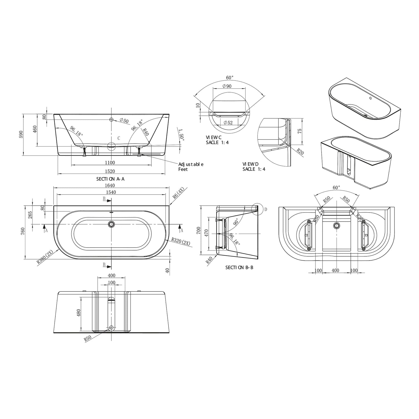 Ancora Round Back To Wall Freestanding Bath 1640 x 590mm