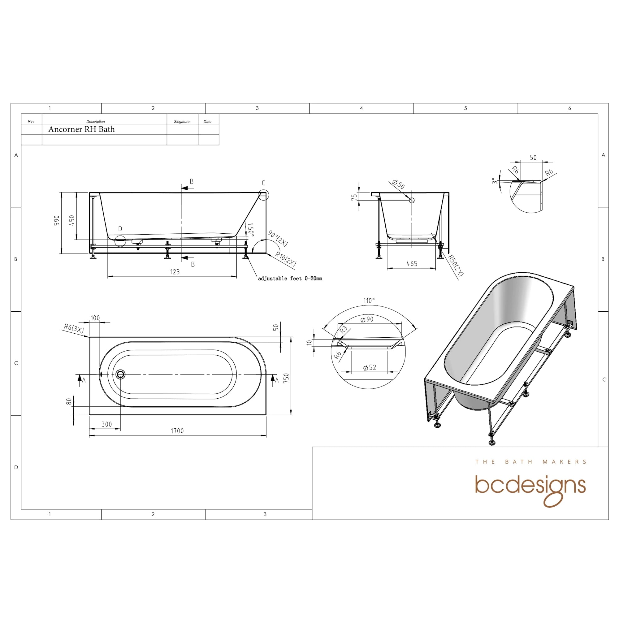 Ancora Single Ended Corner Freestanding Bath 1700 x 750mm