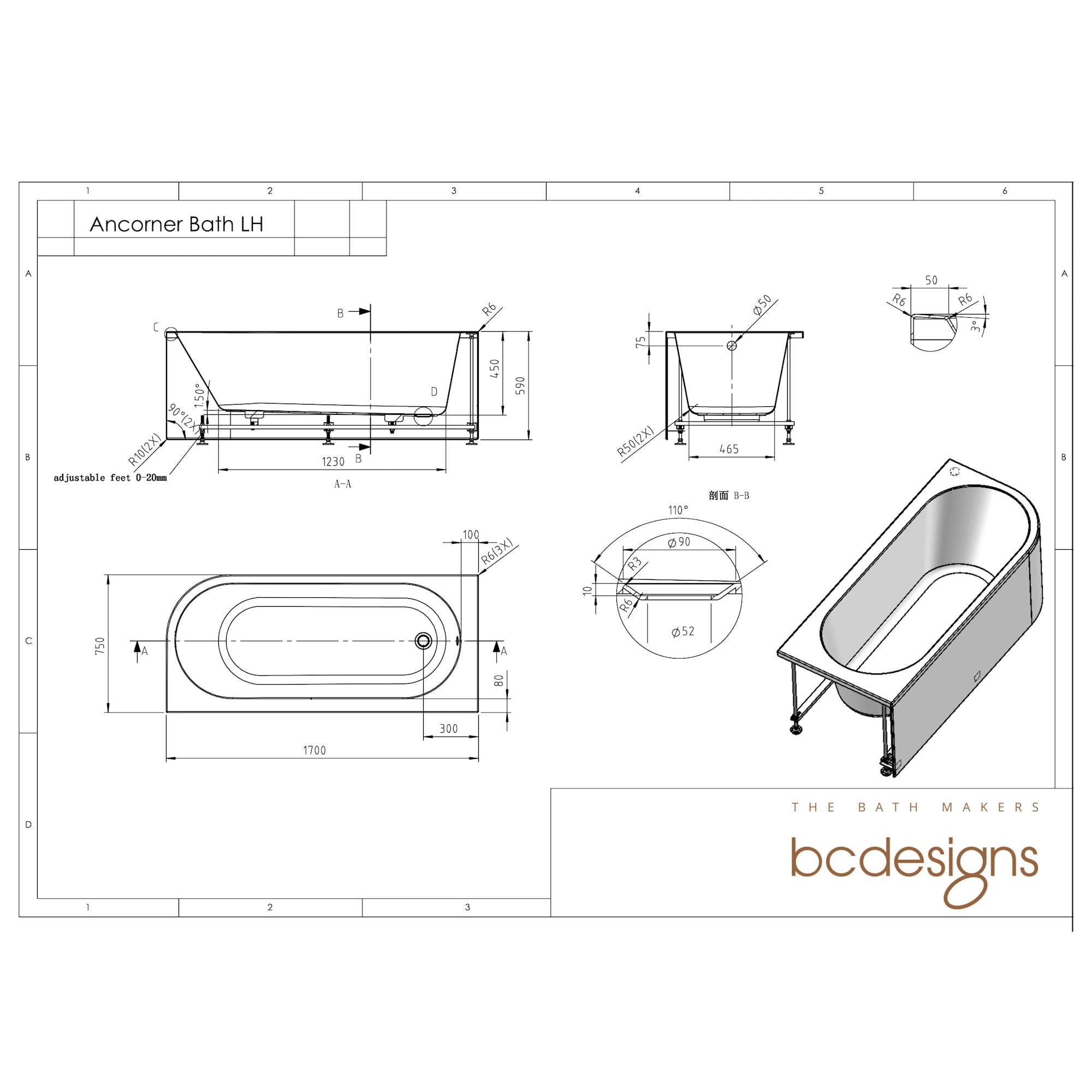 Ancora Single Ended Corner Freestanding Bath 1700 x 750mm