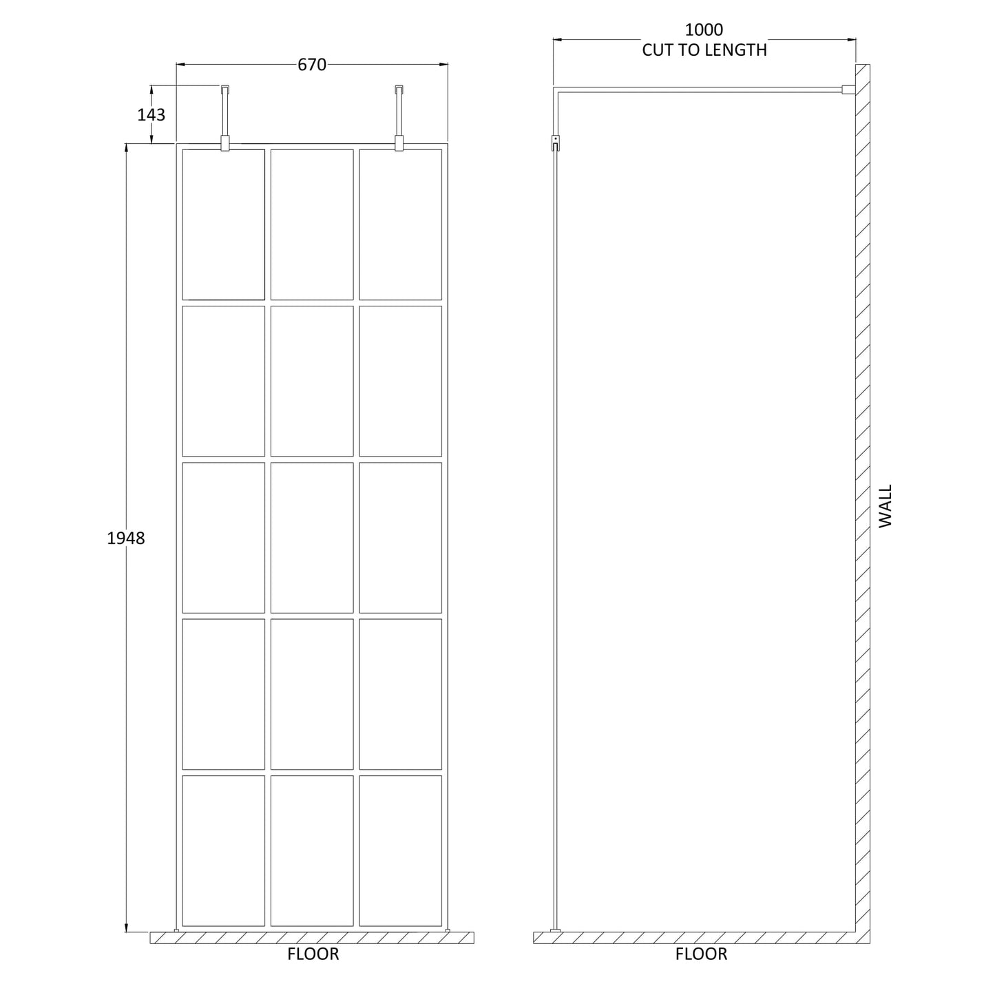 Hudson Reed Matt Black Abstract Frame Wetroom Screen with Arms and Feet