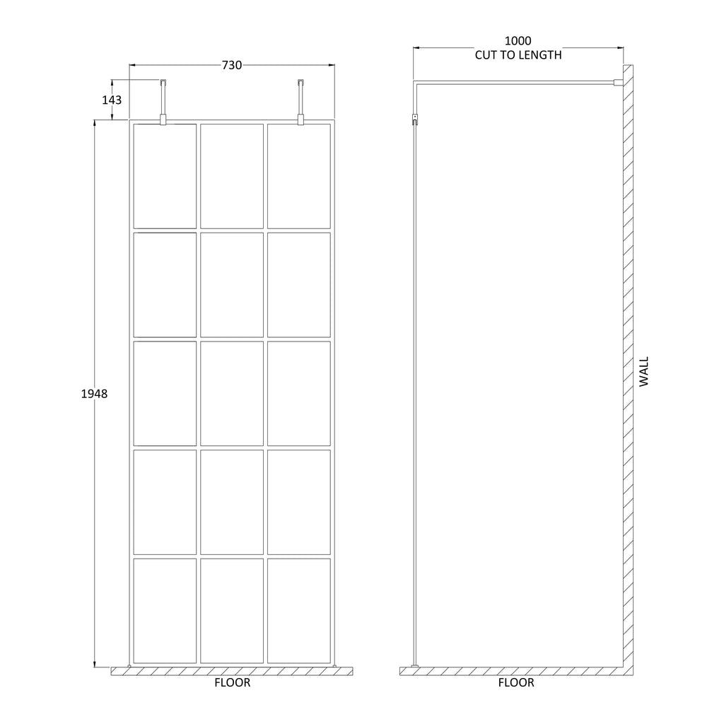 Hudson Reed Matt Black Framed Wetroom Screen with Arms and Feet