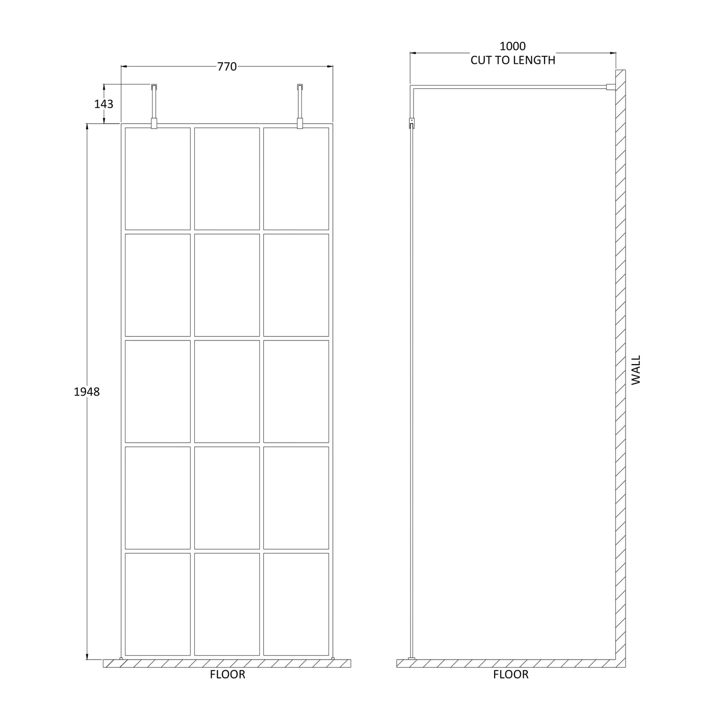 Hudson Reed Matt Black Framed Wetroom Screen with Arms and Feet