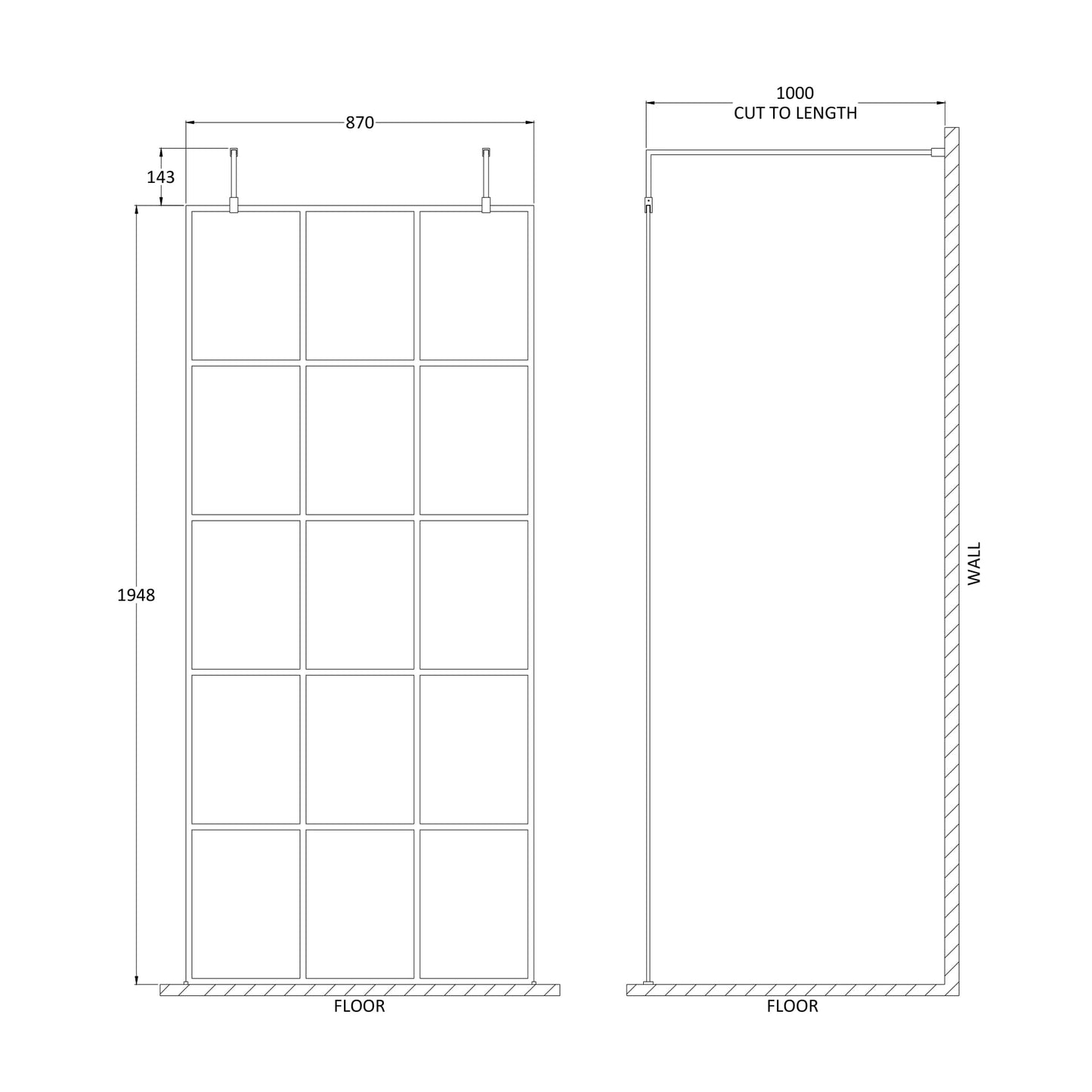 Hudson Reed Matt Black Framed Wetroom Screen with Arms and Feet