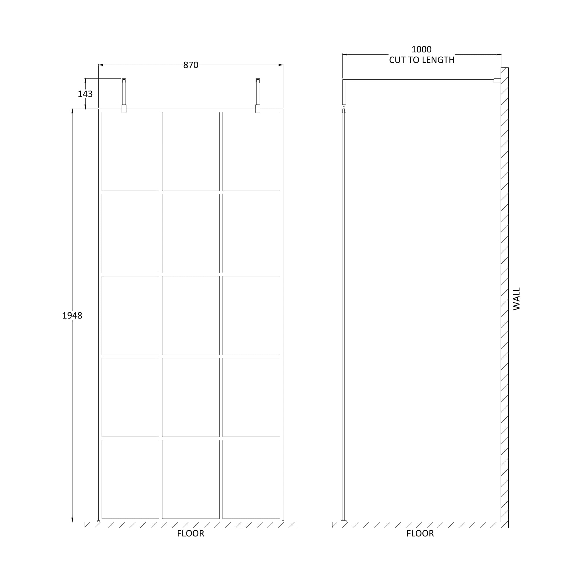 Hudson Reed Matt Black Framed Wetroom Screen with Arms and Feet
