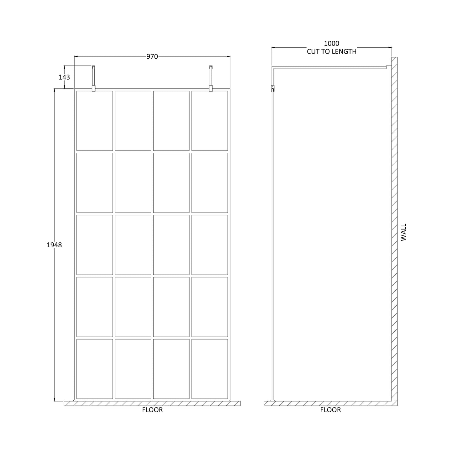 Hudson Reed Matt Black Framed Wetroom Screen with Arms and Feet