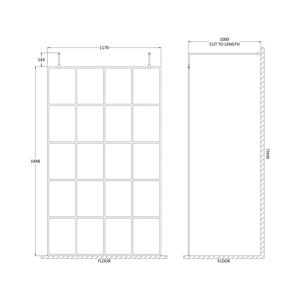 Hudson Reed Matt Black Framed Wetroom Screen with Arms and Feet
