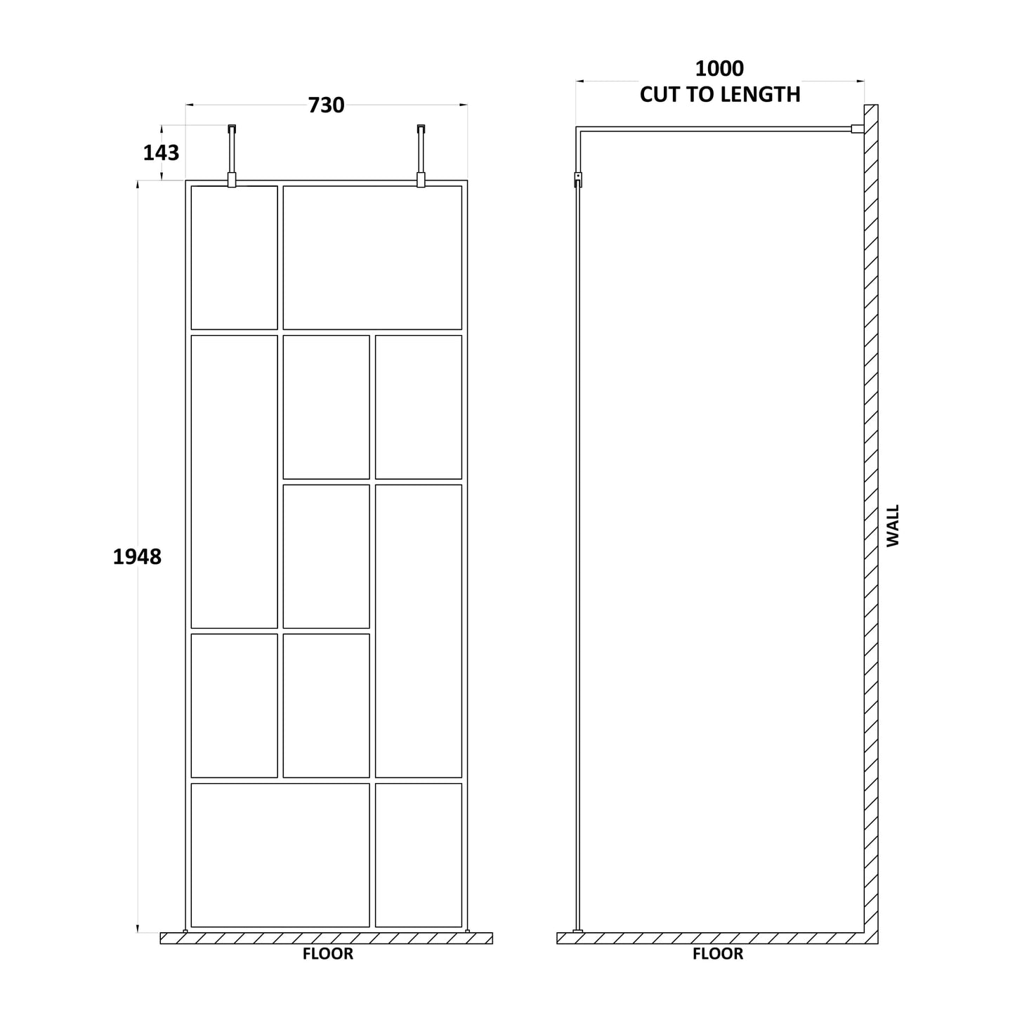 Hudson Reed Matt Black Abstract Frame Wetroom Screen with Arms and Feet