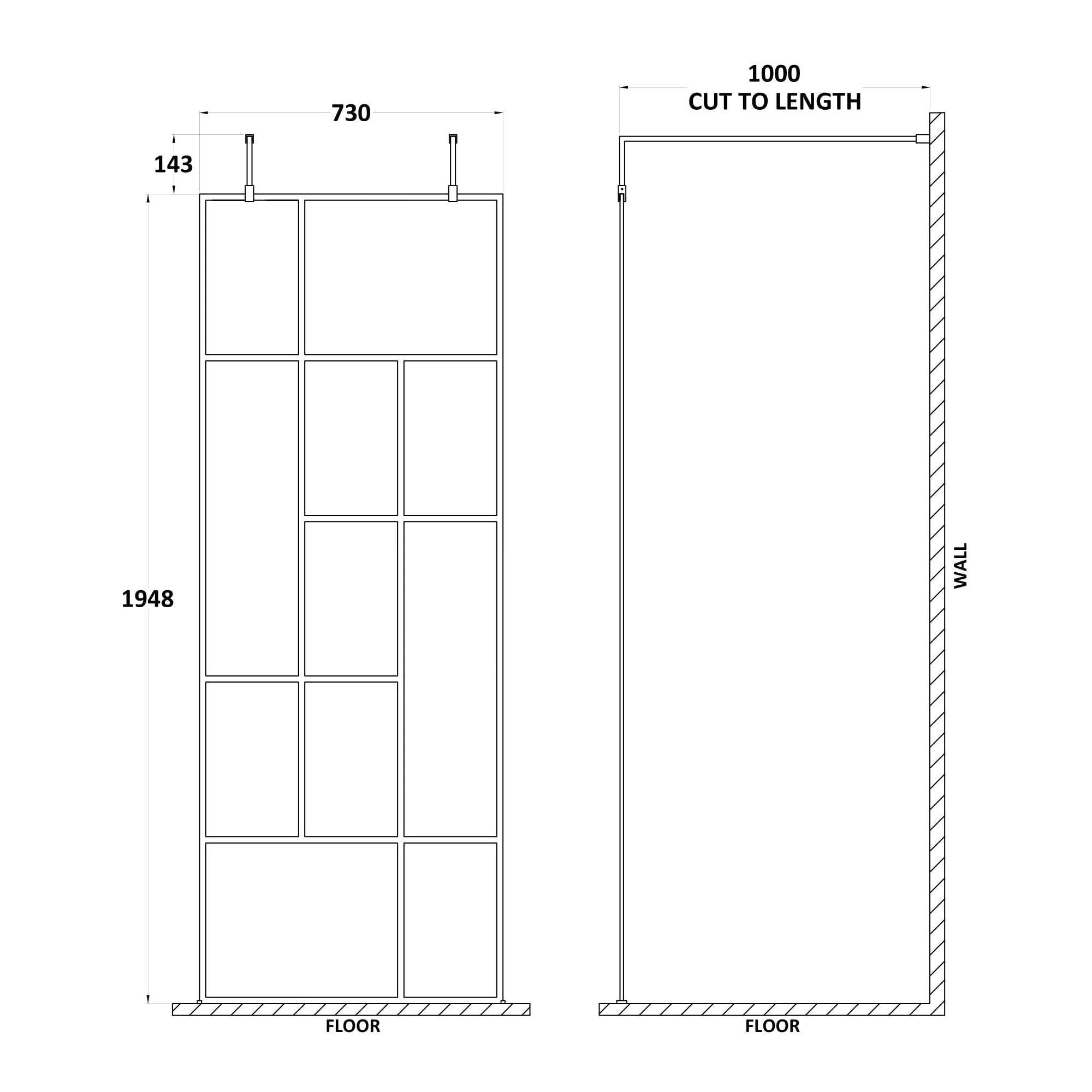 Hudson Reed Matt Black Abstract Frame Wetroom Screen with Arms and Feet