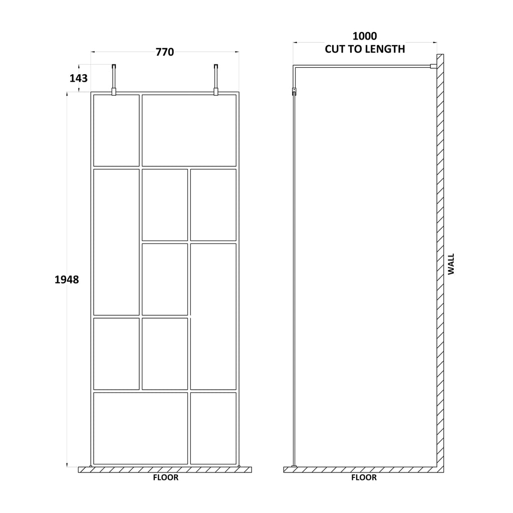 Hudson Reed Matt Black Abstract Frame Wetroom Screen with Arms and Feet