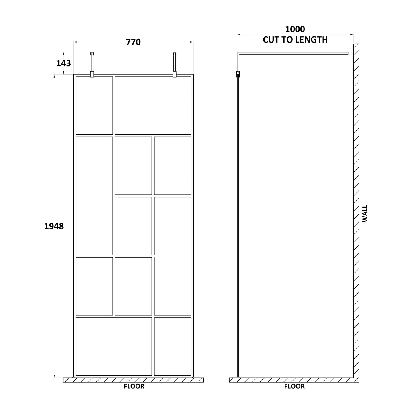 Hudson Reed Matt Black Abstract Frame Wetroom Screen with Arms and Feet