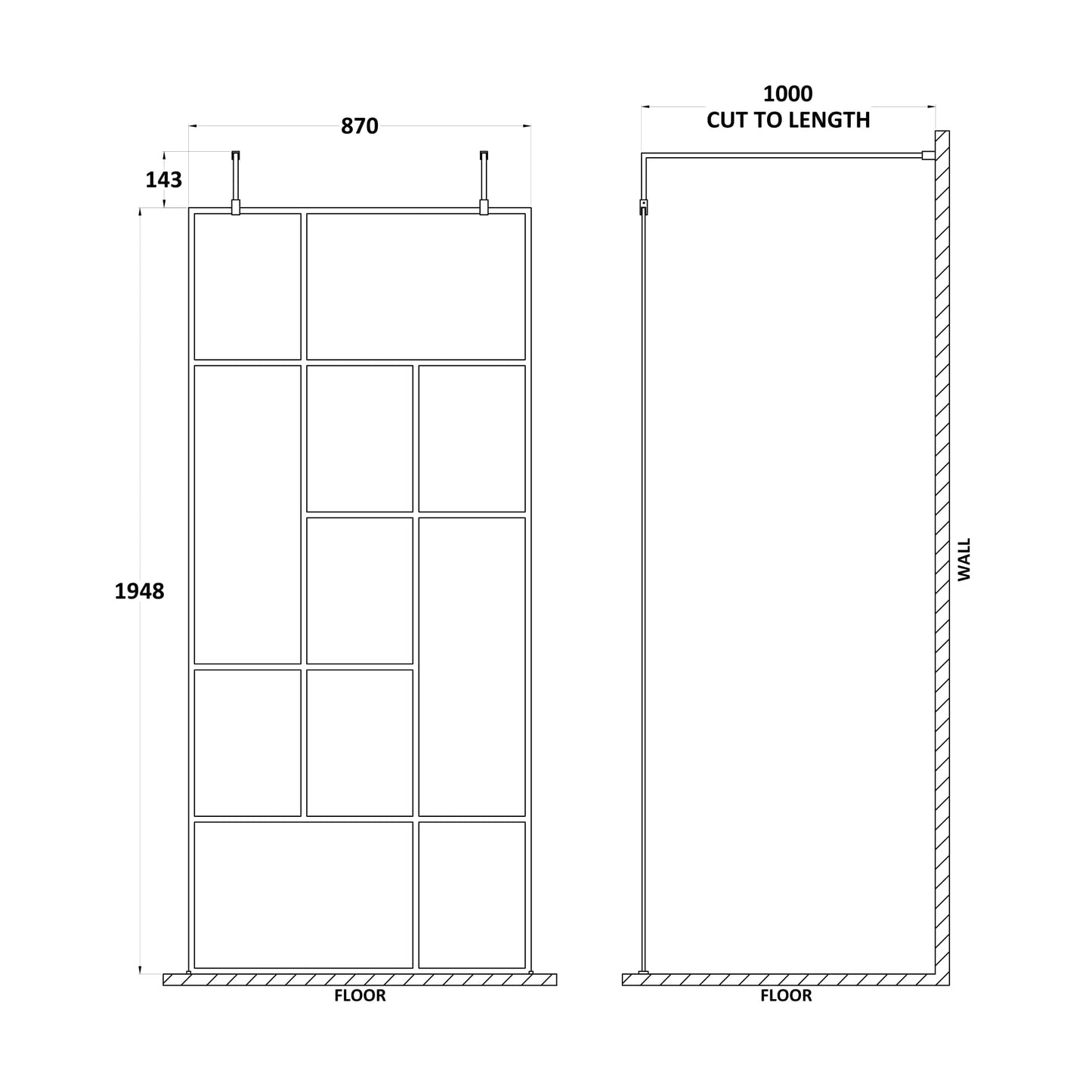 Hudson Reed Matt Black Abstract Frame Wetroom Screen with Arms and Feet