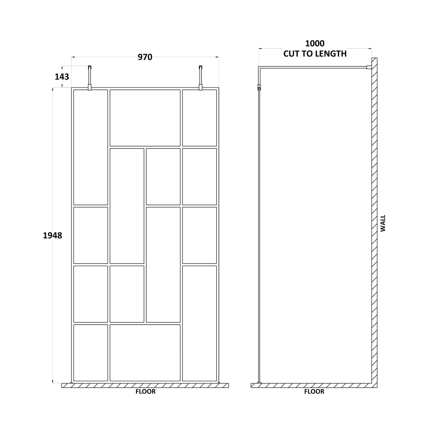 Hudson Reed Matt Black Abstract Frame Wetroom Screen with Arms and Feet