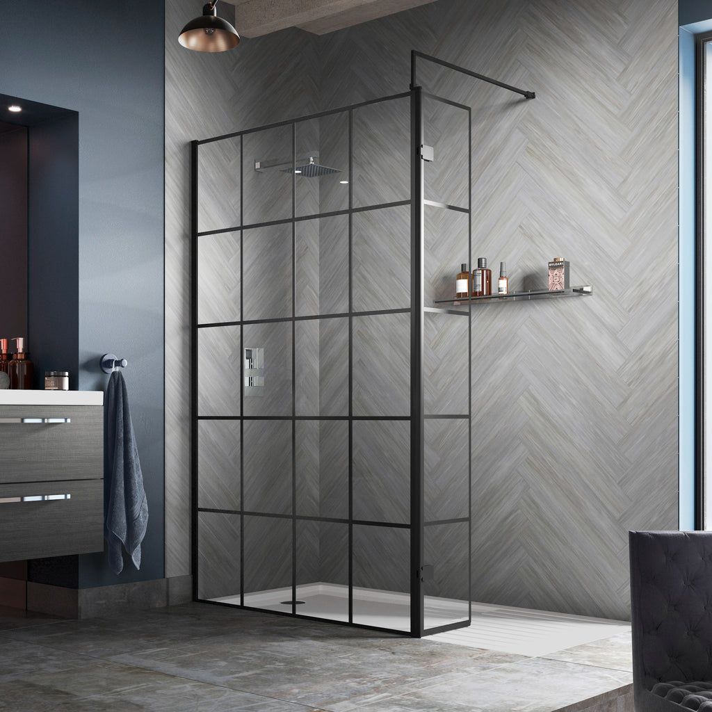 Hudson Reed Matt Black Framed Wetroom Screen with Support Bar