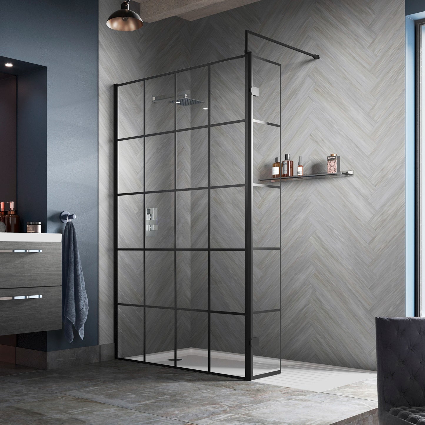 Hudson Reed Matt Black Framed Wetroom Screen with Support Bar