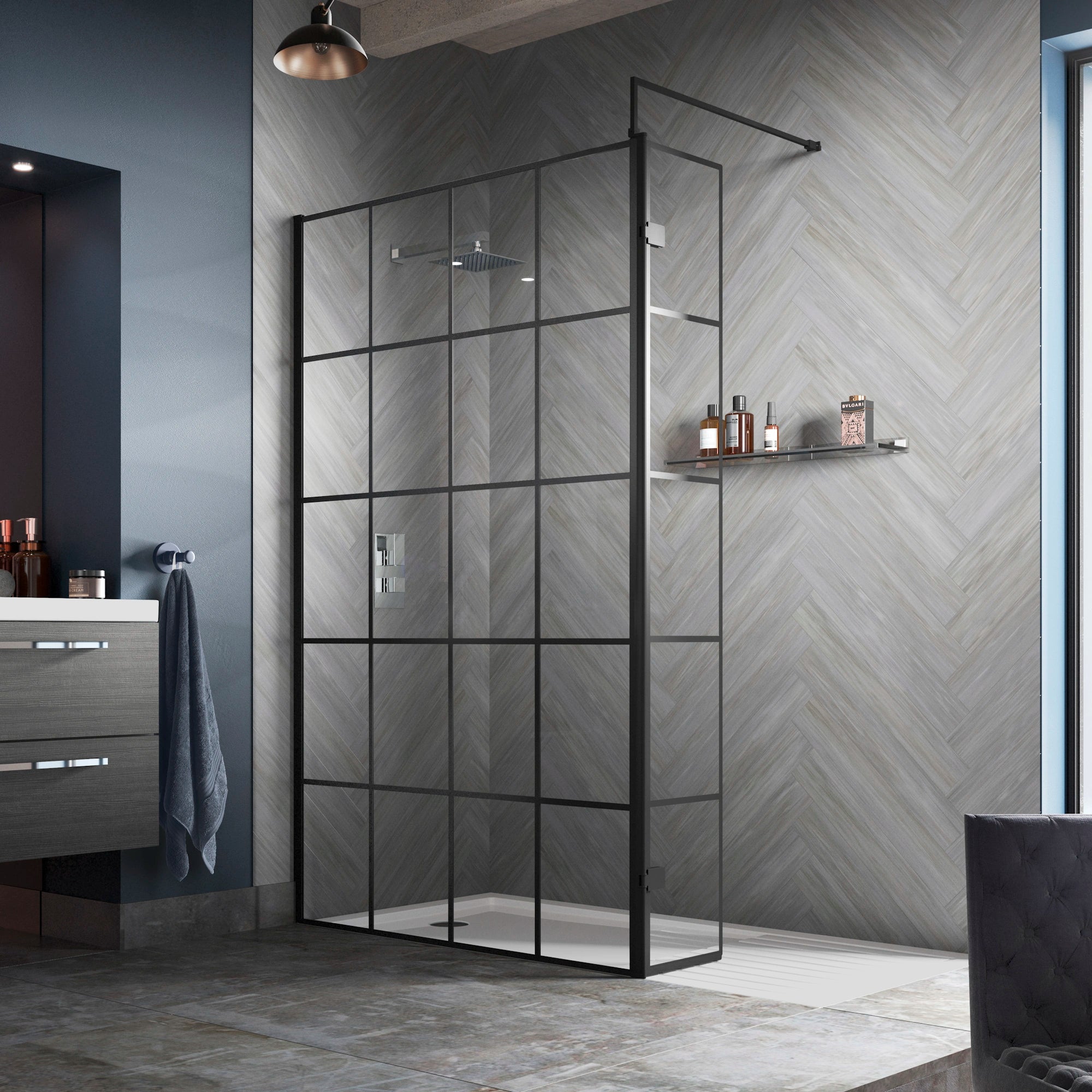Hudson Reed Matt Black Framed Wetroom Screen with Support Bar