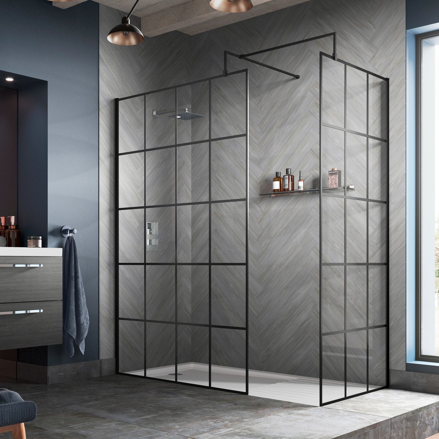 Hudson Reed Matt Black Framed Wetroom Screen with Support Bar