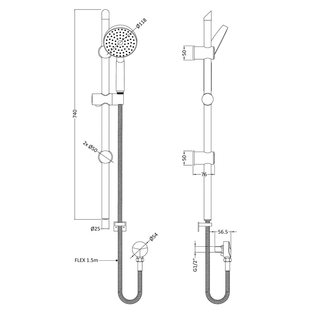 Nuie Modern Shower Round Slide Rail Kit with Handset and Outlet Elbow