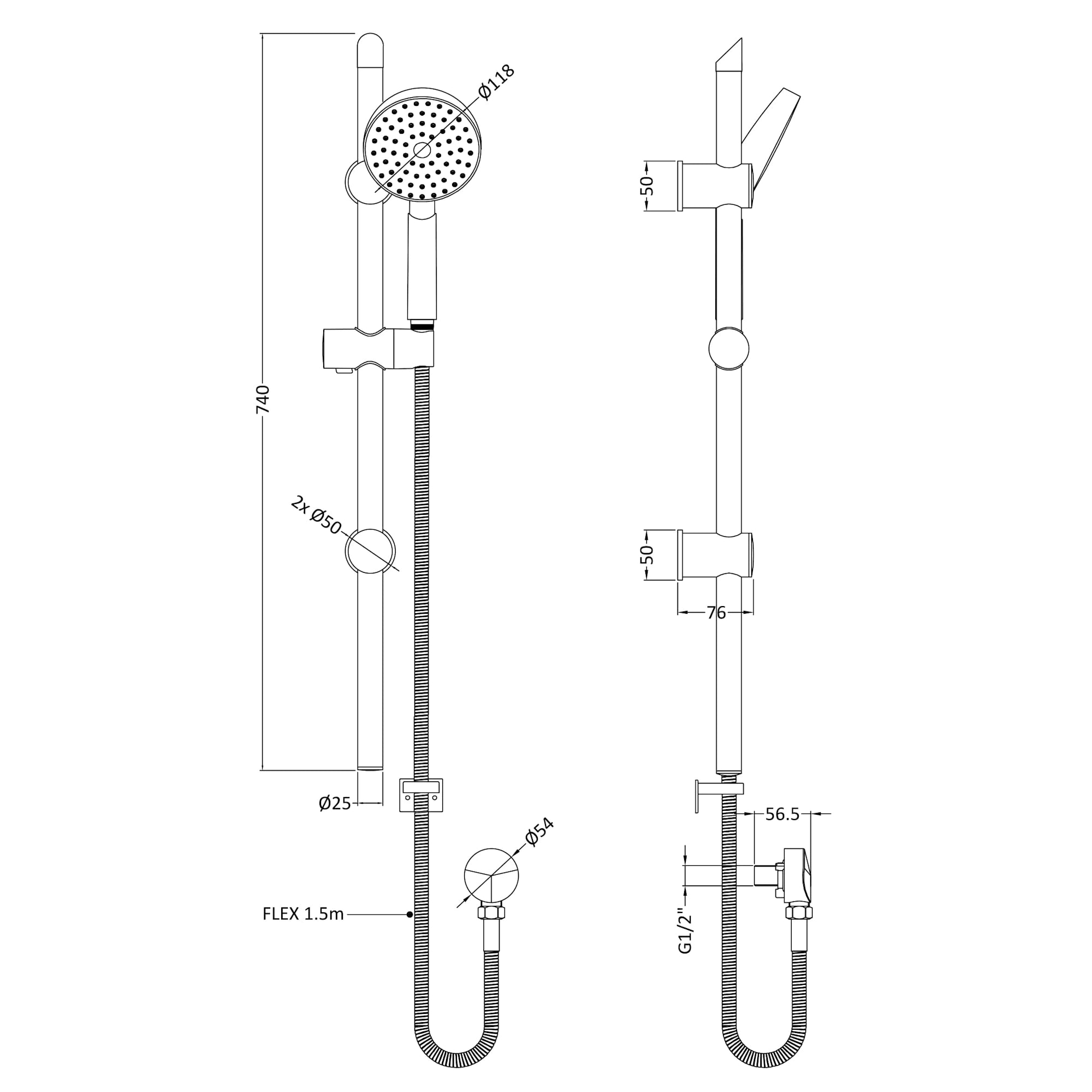 Nuie Modern Shower Round Slide Rail Kit with Handset and Outlet Elbow