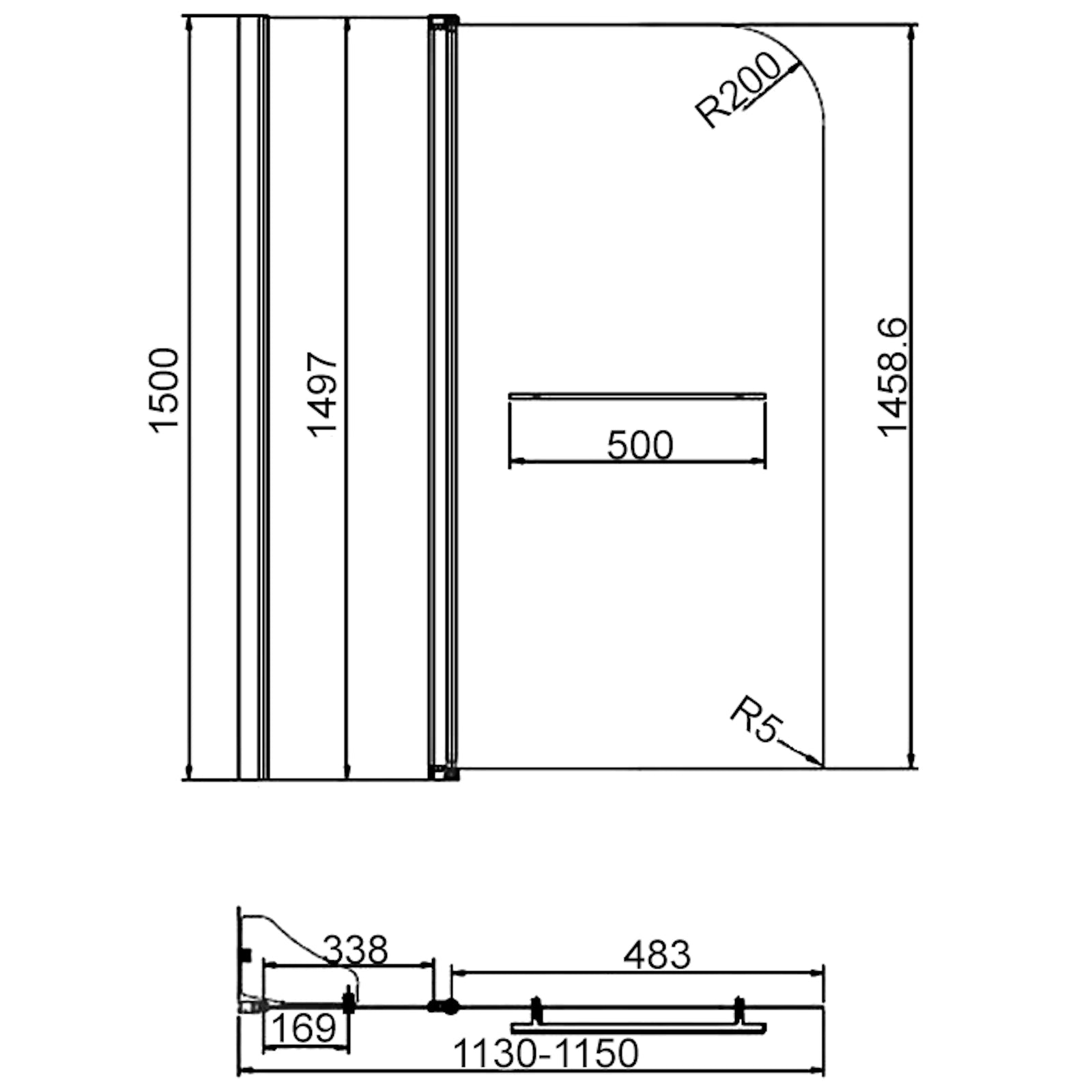 Merlyn Vivid Two Panel Folding Curved Bath Screen with Rail 1150 x 1500mm