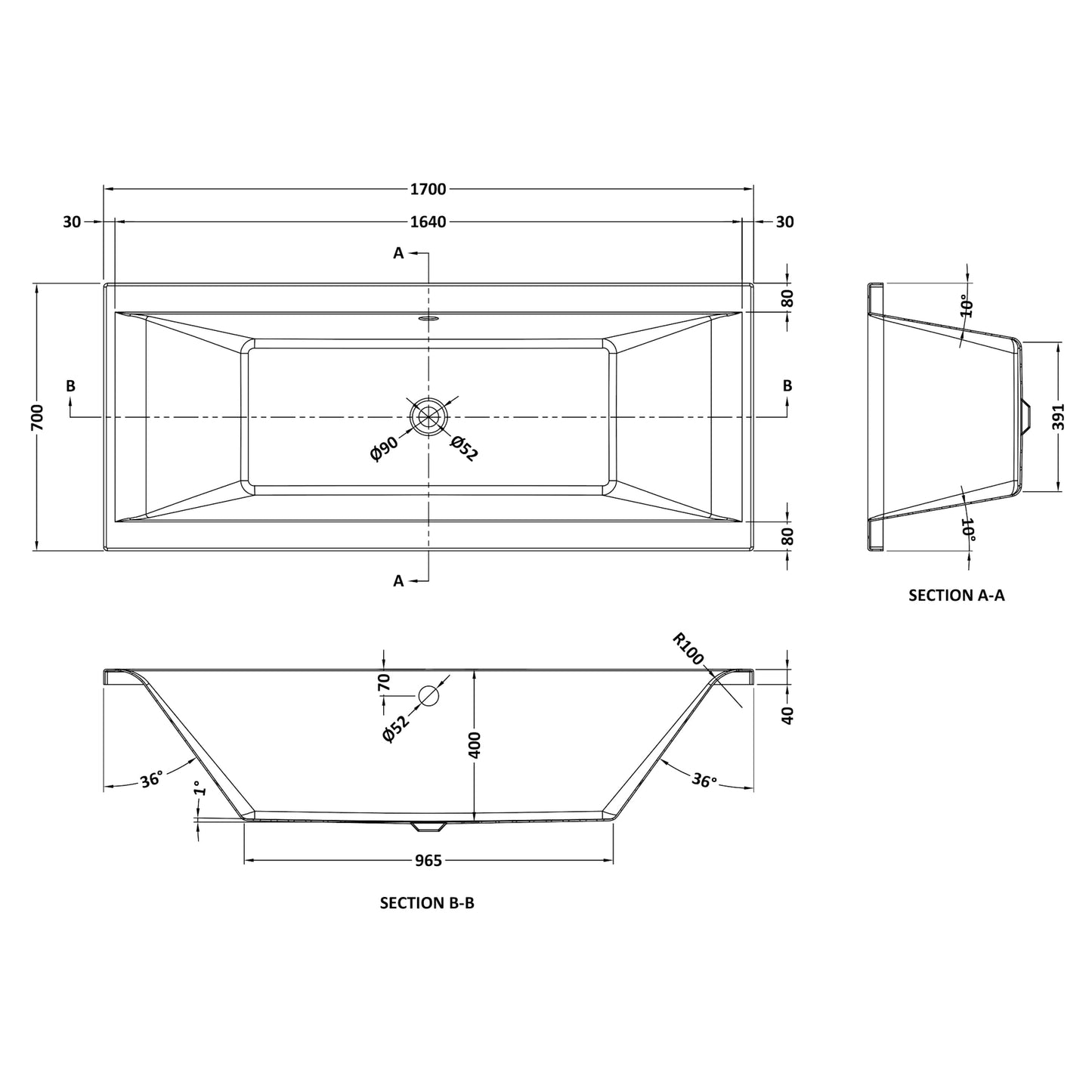 Nuie Asselby Double Ended Rectangular Acrylic Straight Bath