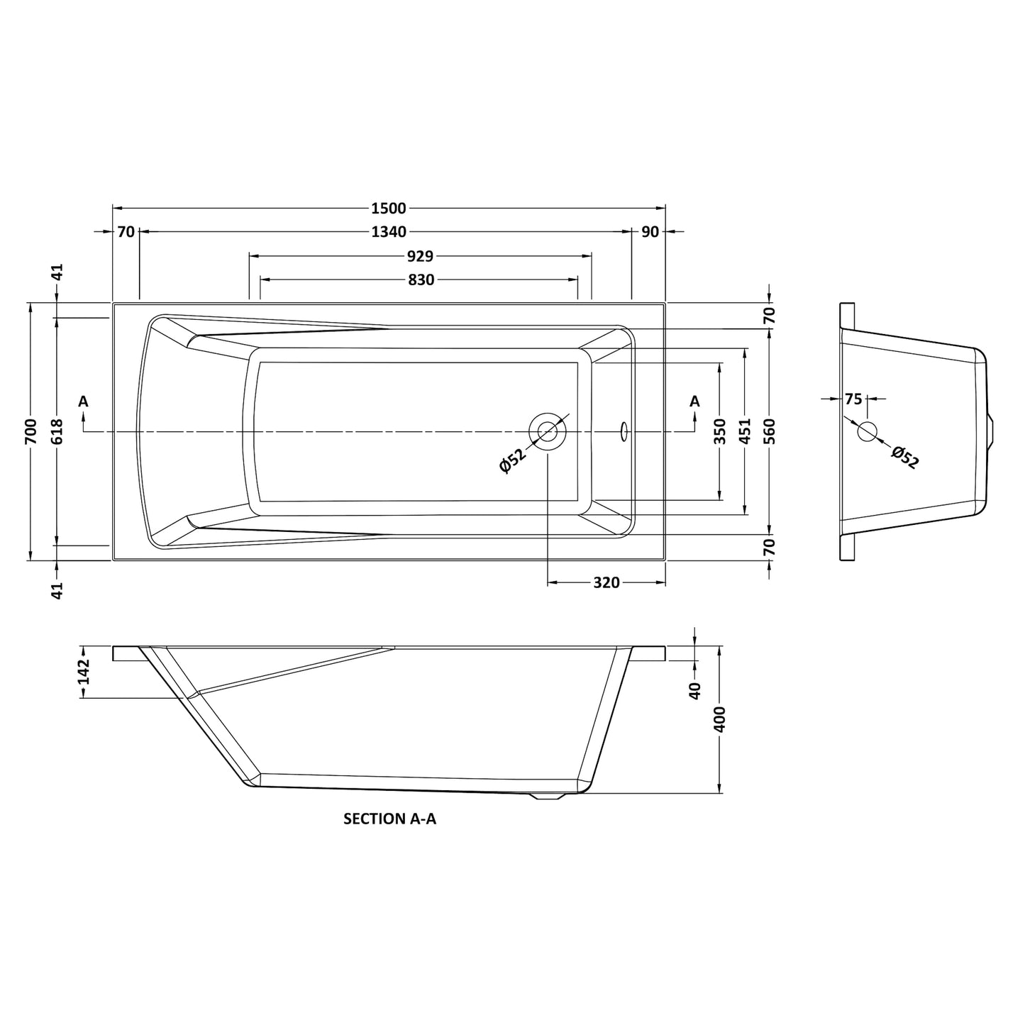 Nuie Linton Single Ended Rectangular Acrylic Straight Bath