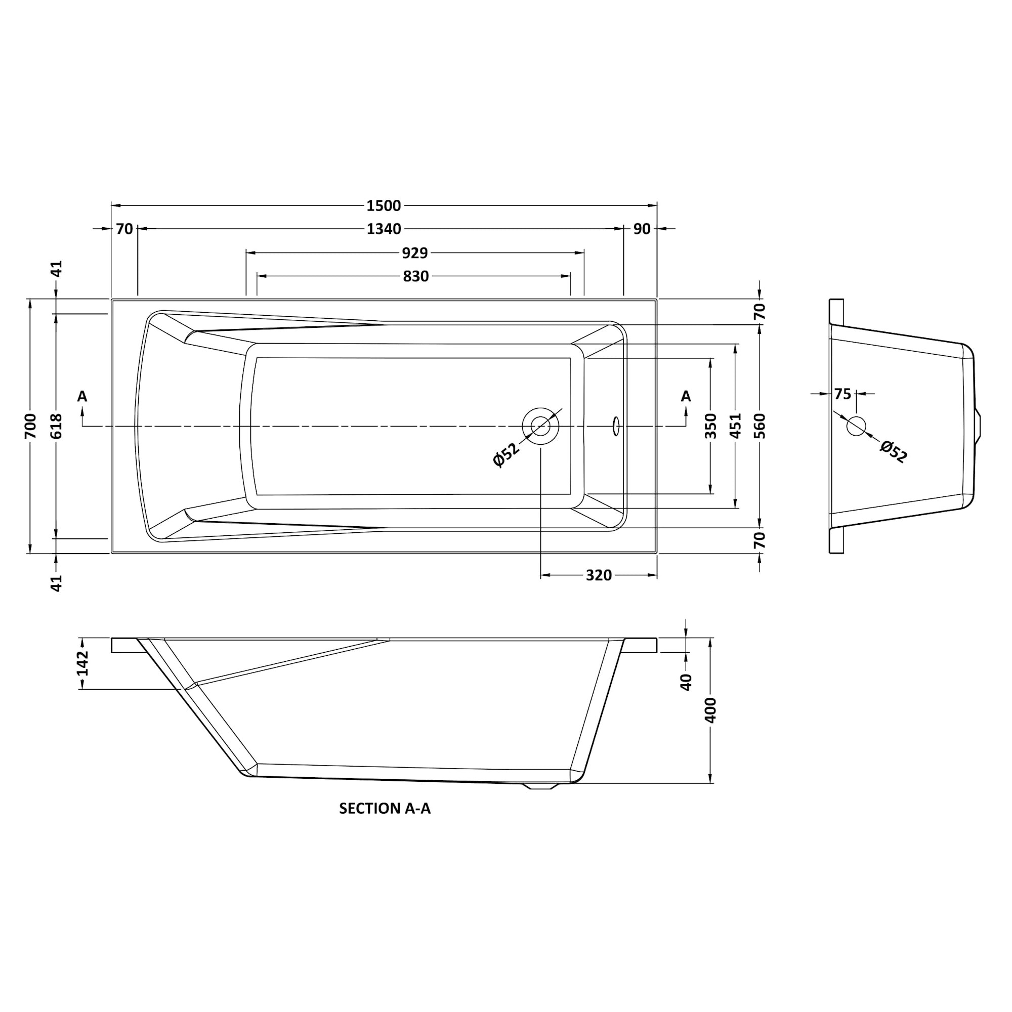 Nuie Linton Single Ended Rectangular Acrylic Straight Bath