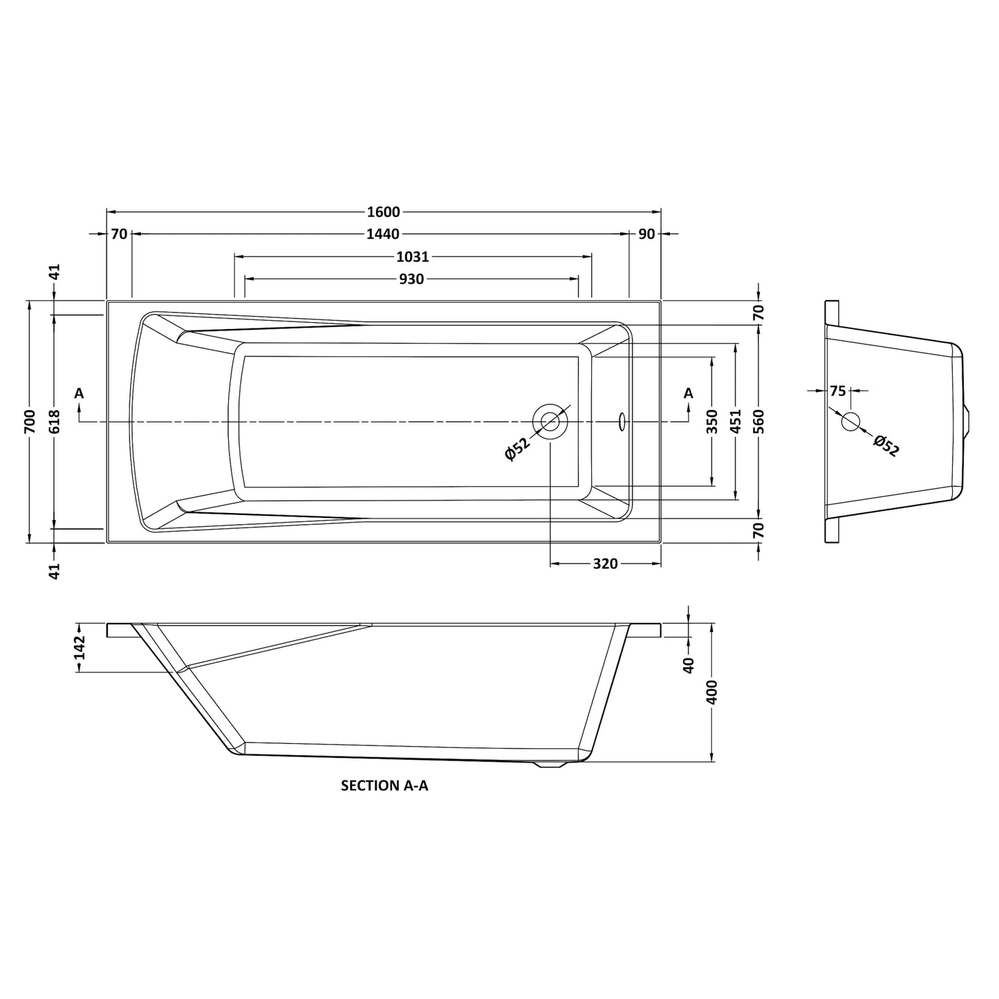 Nuie Linton Single Ended Rectangular Acrylic Straight Bath