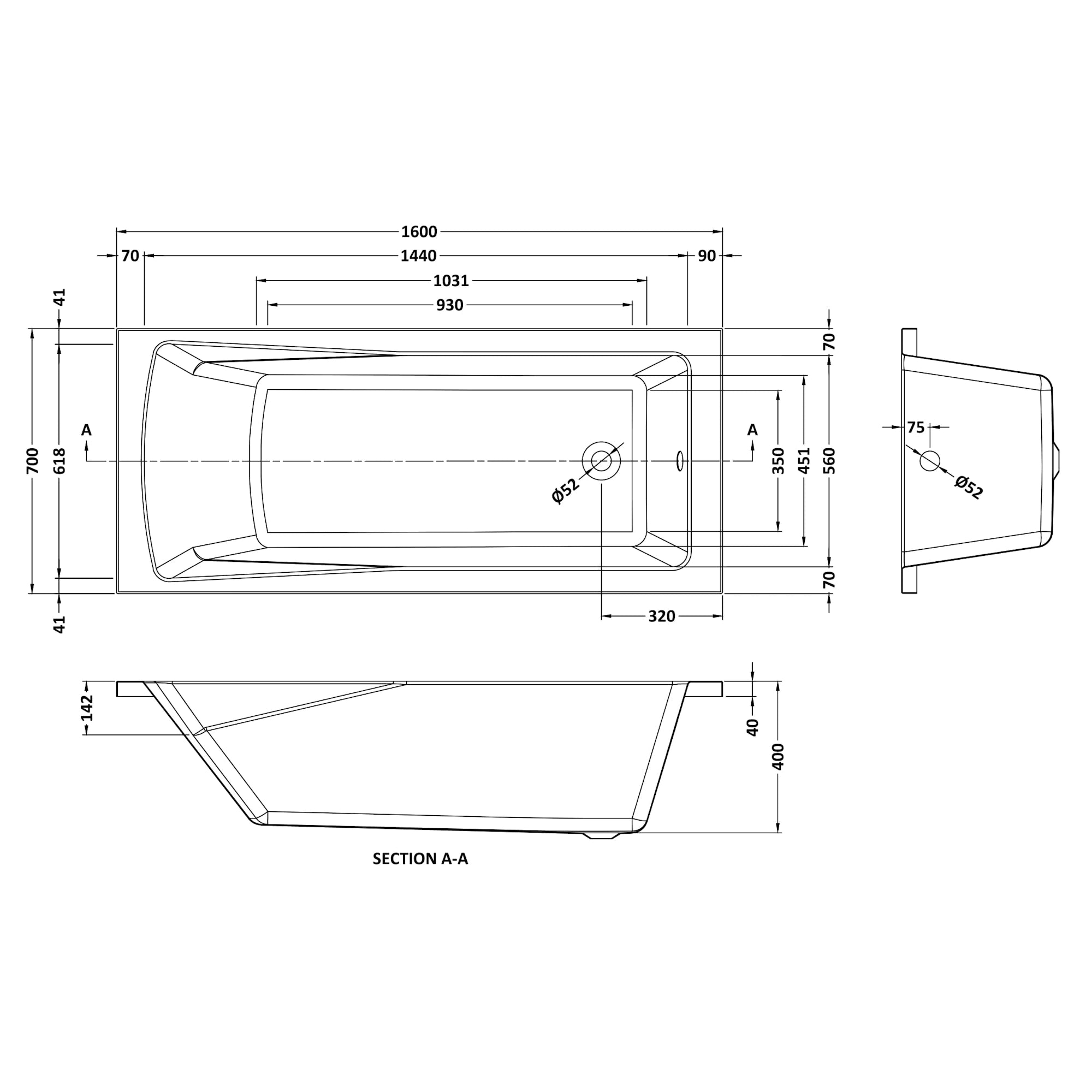 Nuie Linton Single Ended Rectangular Acrylic Straight Bath