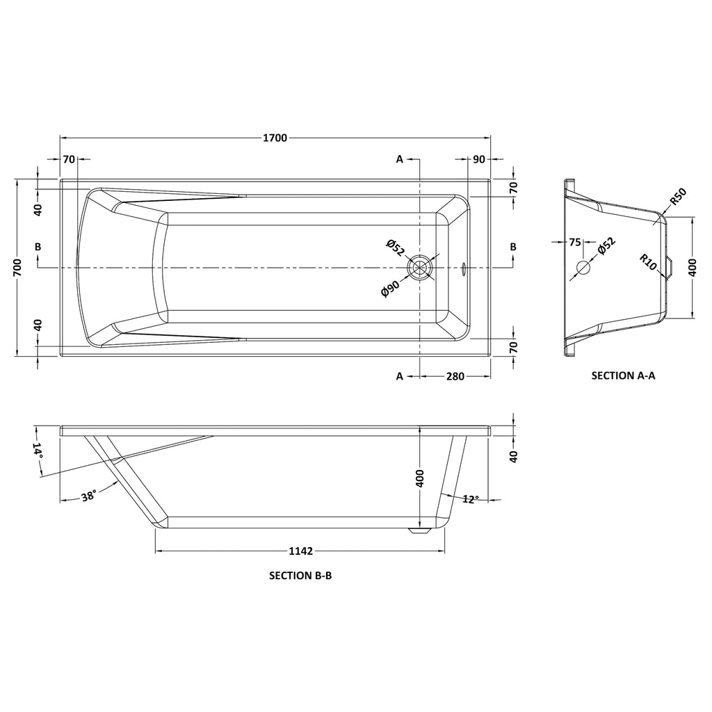 Nuie Linton Single Ended Rectangular Eternalite Acrylic Straight Bath
