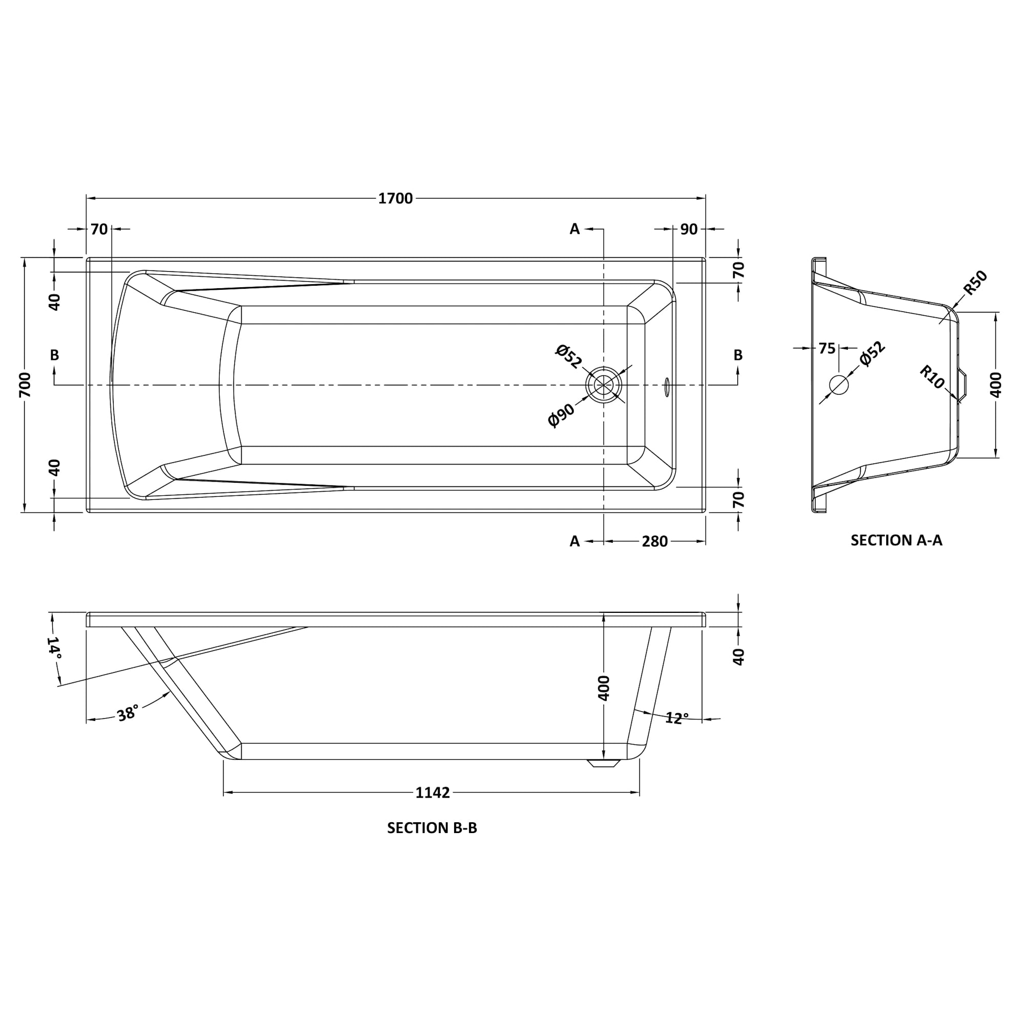 Nuie Linton Single Ended Rectangular Eternalite Acrylic Straight Bath