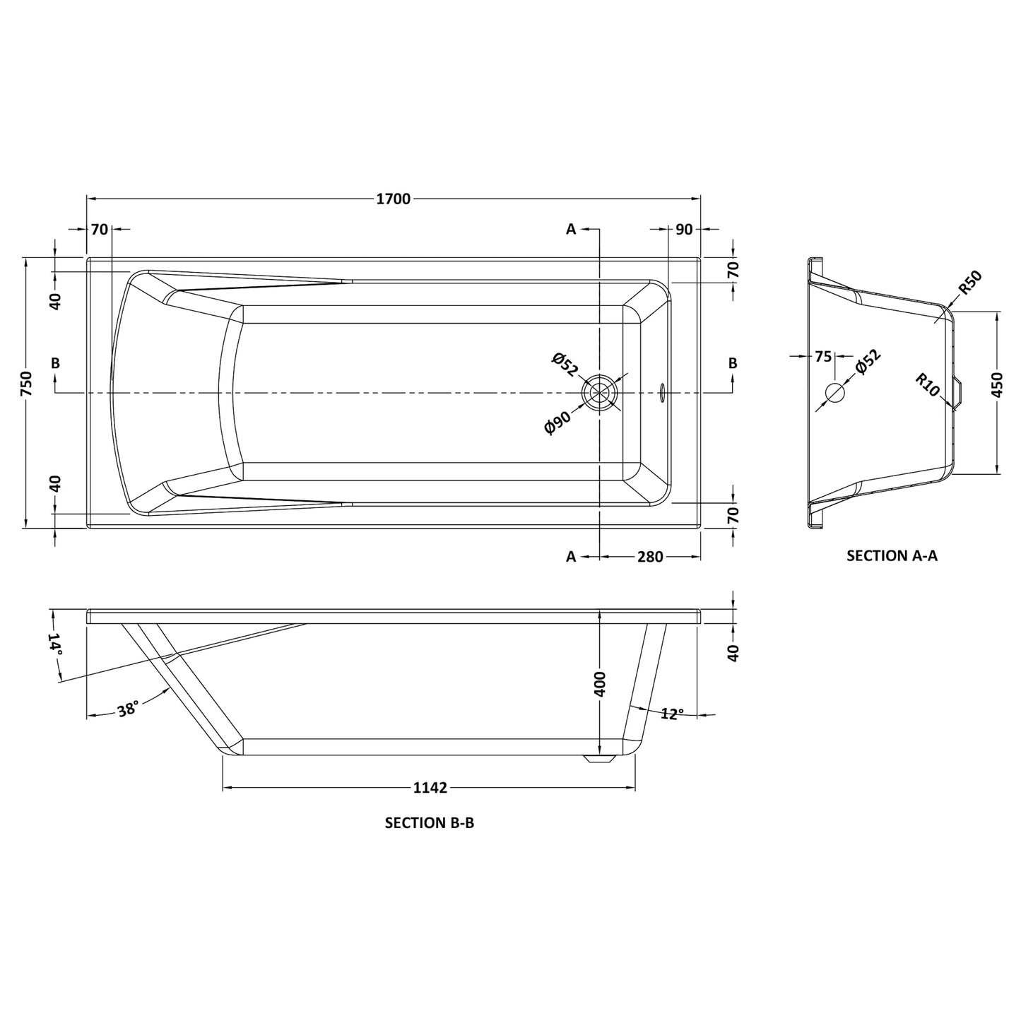 Nuie Linton Single Ended Rectangular Acrylic Straight Bath