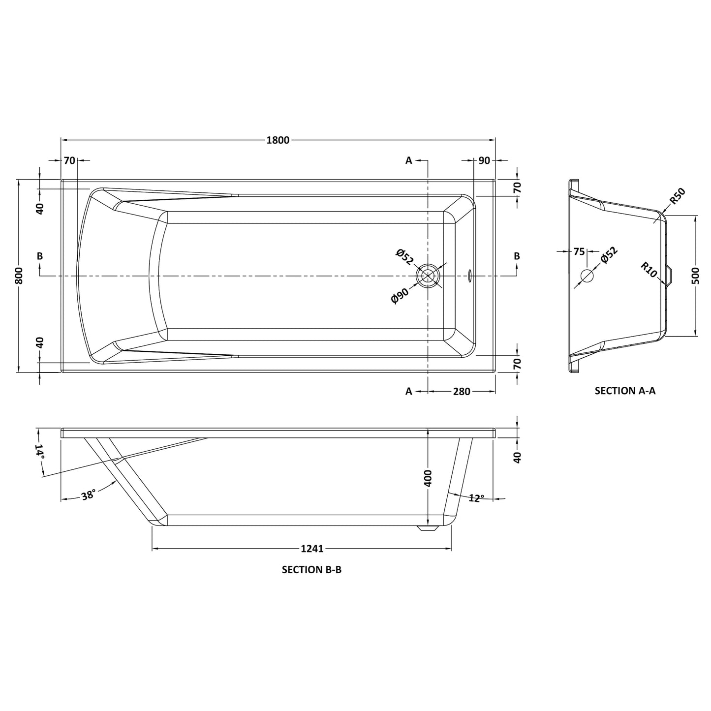 Nuie Linton Single Ended Rectangular Eternalite Acrylic Straight Bath