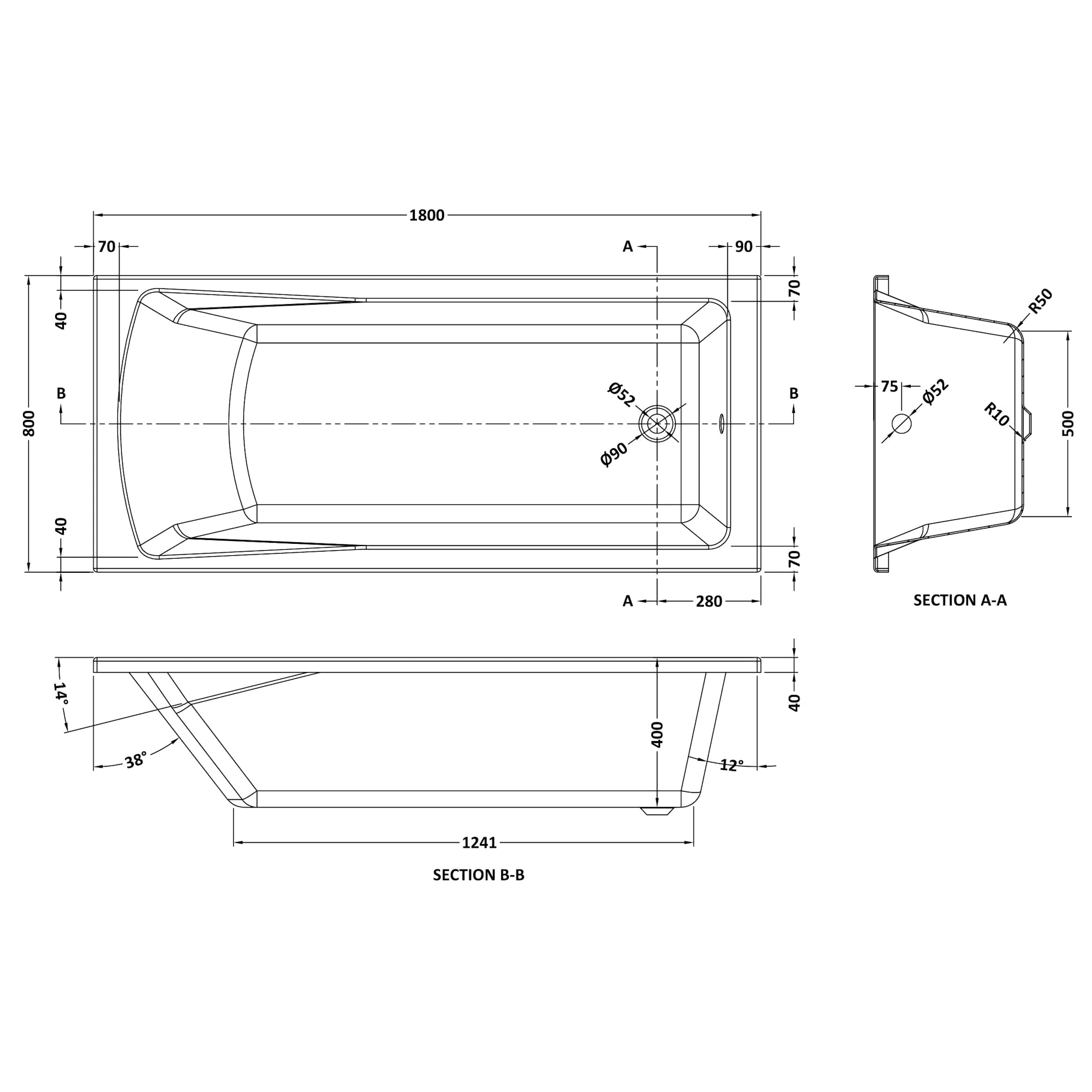 Nuie Linton Single Ended Rectangular Eternalite Acrylic Straight Bath