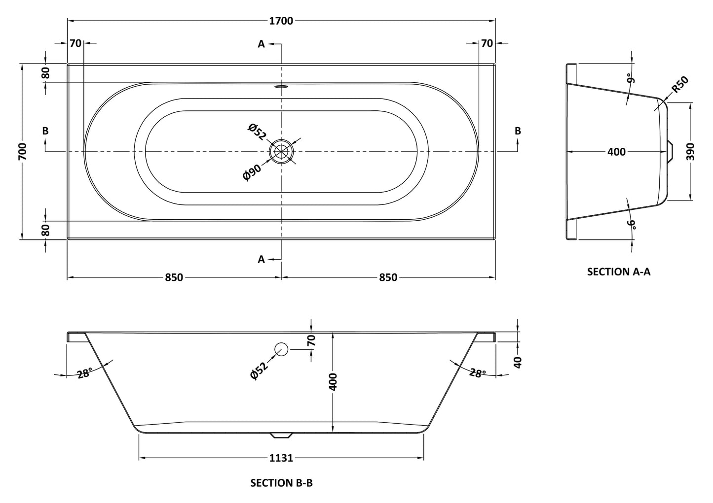 Nuie Otley Double Ended Round Acrylic Straight Bath