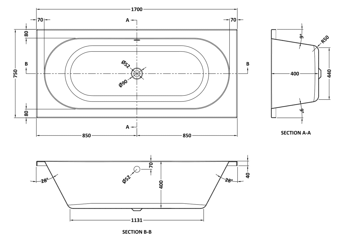 Nuie Otley Double Ended Round Acrylic Straight Bath