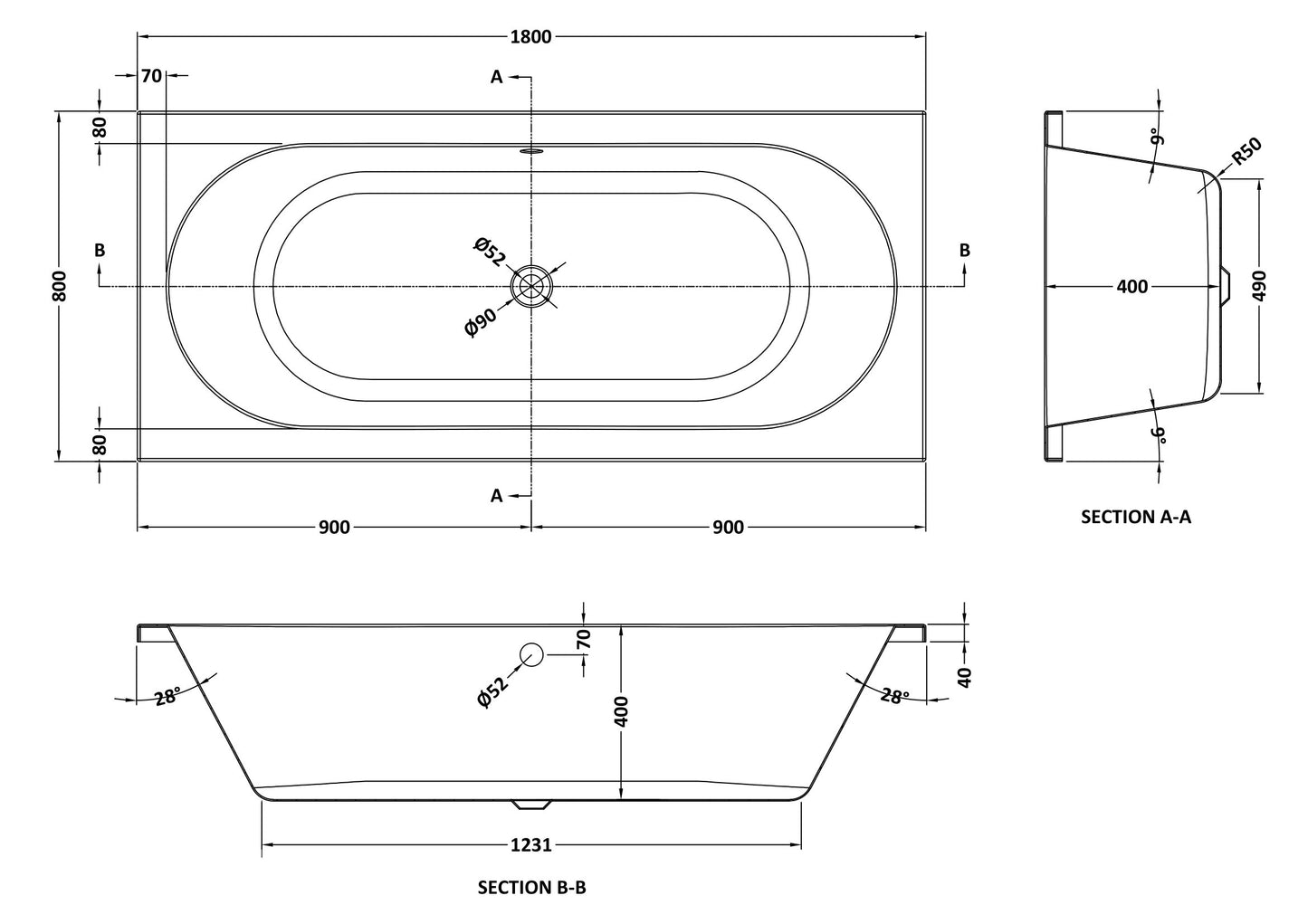 Nuie Otley Double Ended Round Acrylic Straight Bath