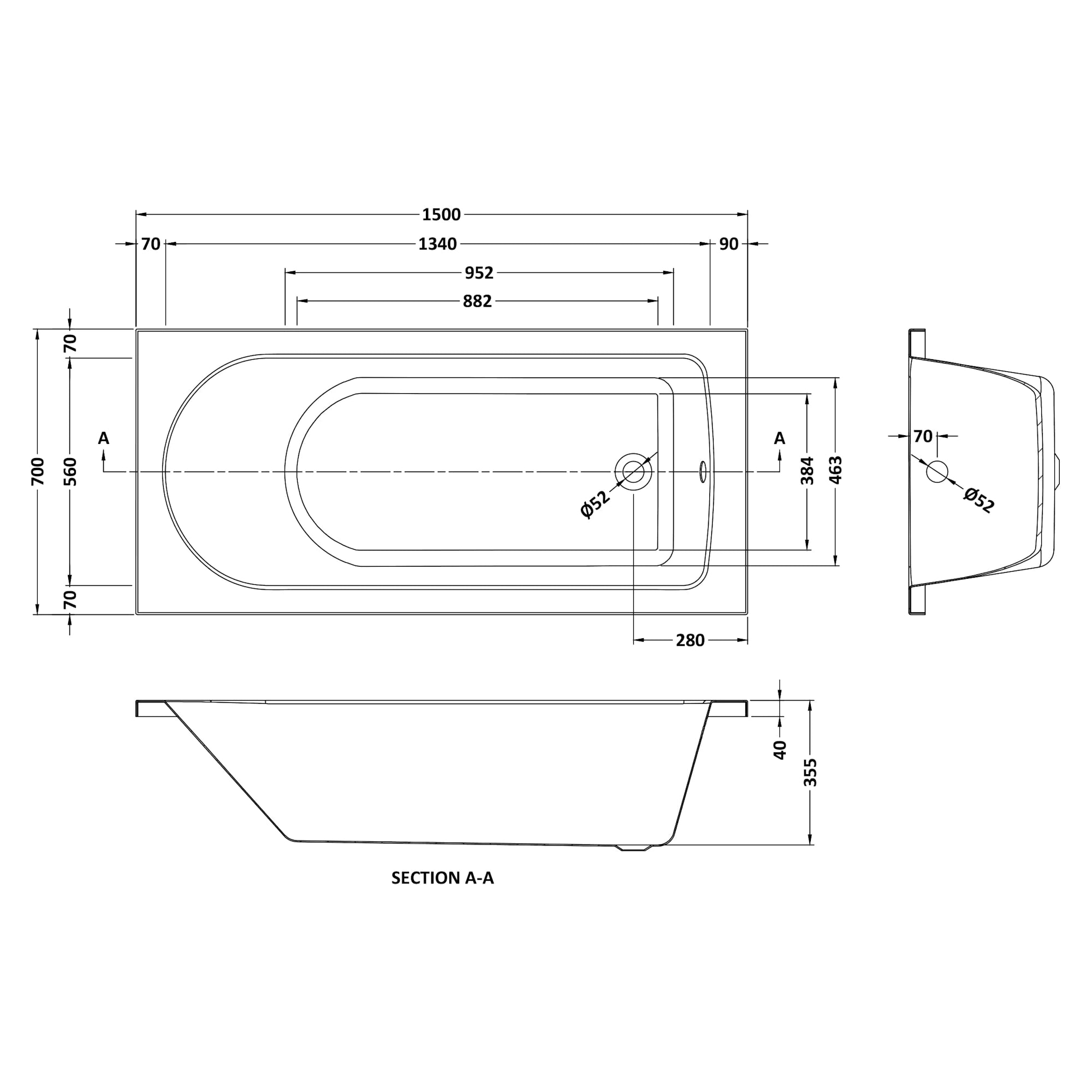 Nuie Barmby Single Ended Rectangular Acrylic Straight Bath