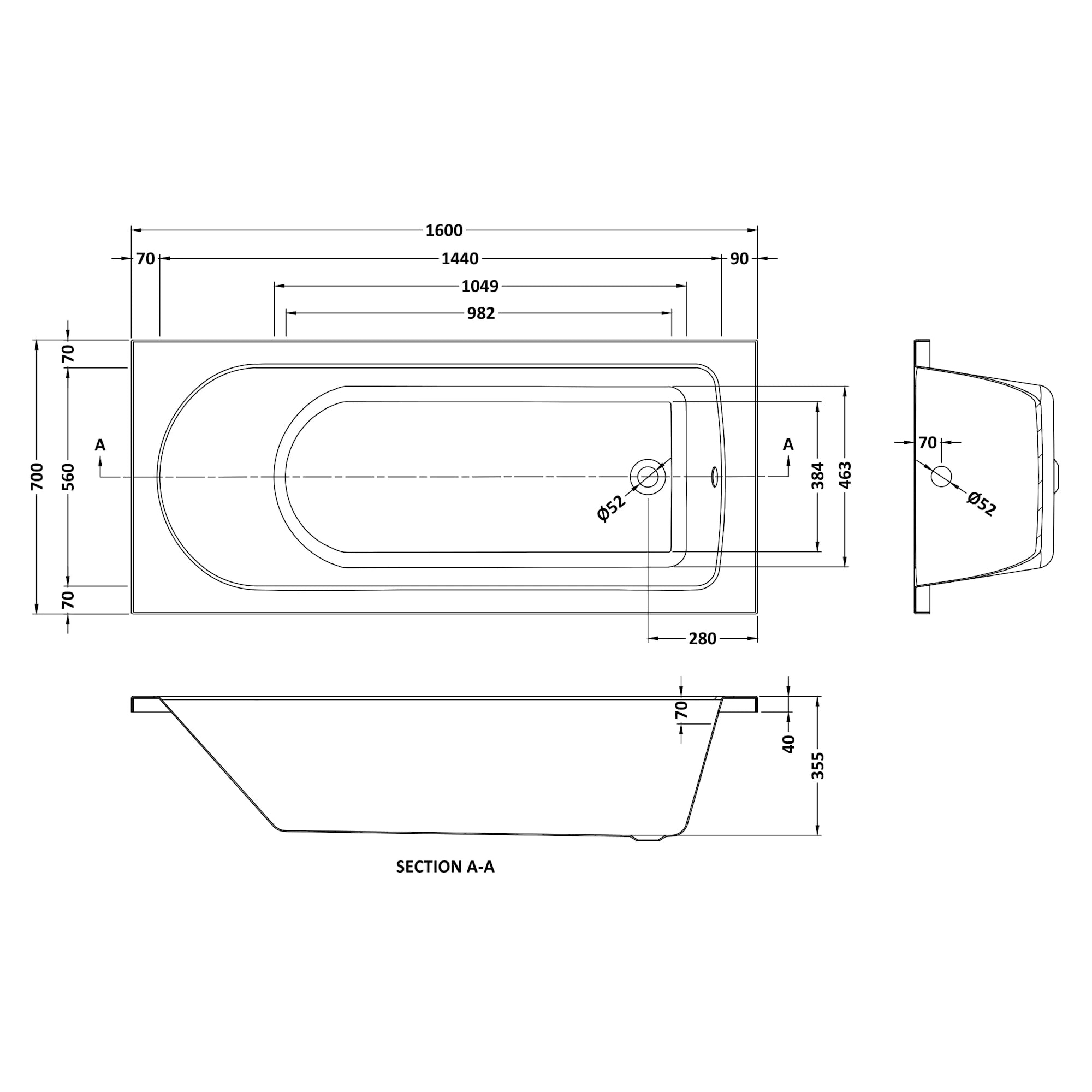 Nuie Barmby Single Ended Rectangular Acrylic Straight Bath
