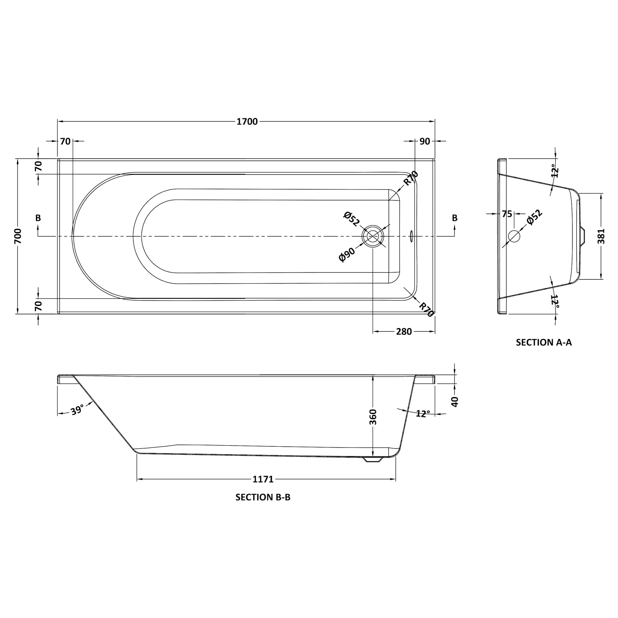 Nuie Barmby Eternalite Single Ended Rectangular Acrylic Straight Bath