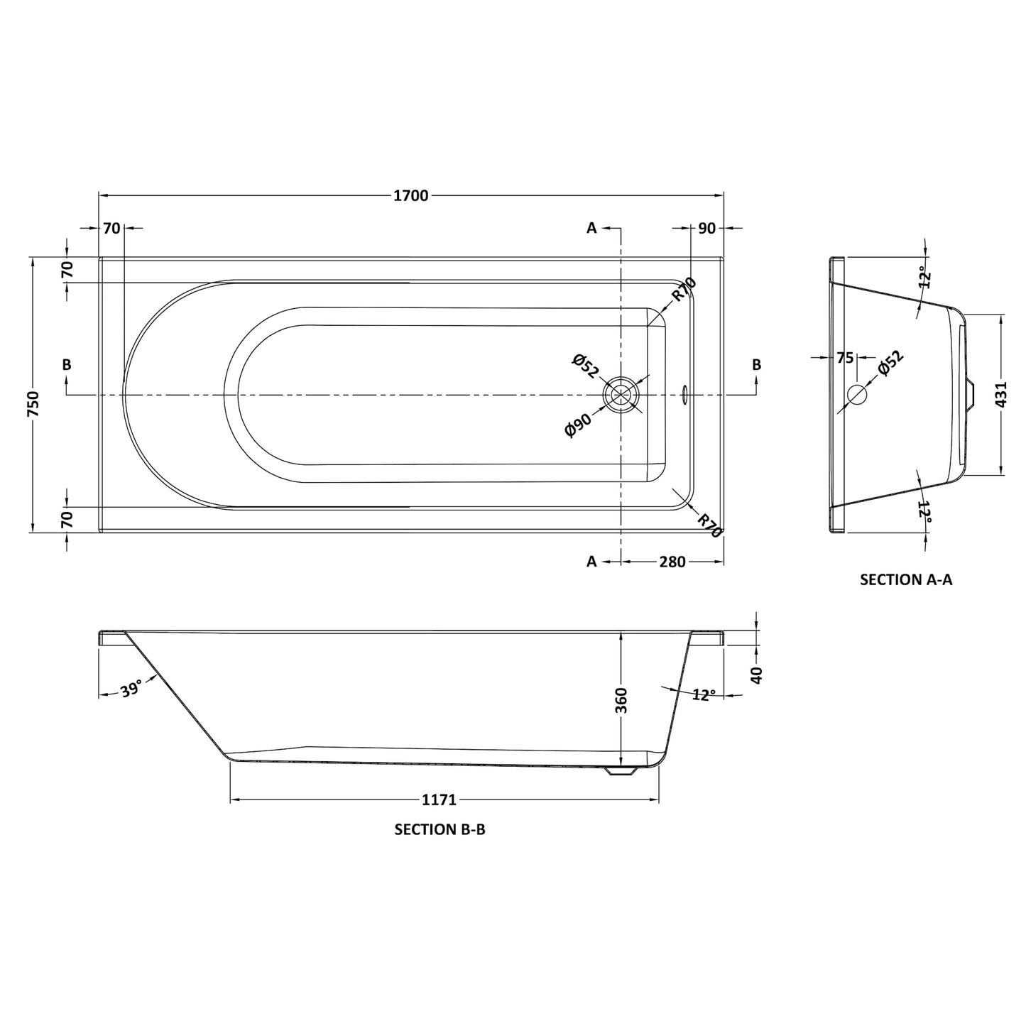 Nuie Barmby Single Ended Rectangular Acrylic Straight Bath