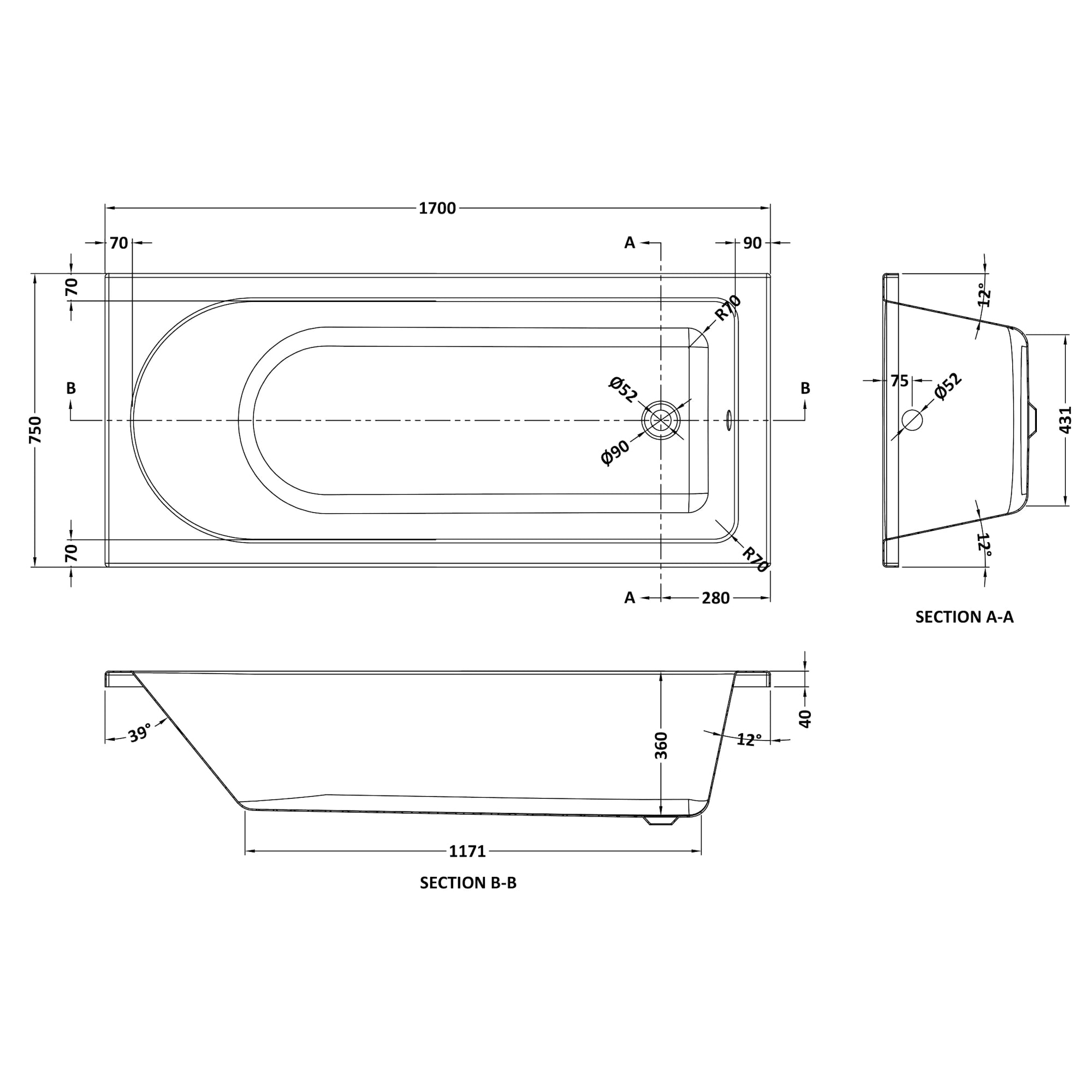 Nuie Barmby Single Ended Rectangular Acrylic Straight Bath